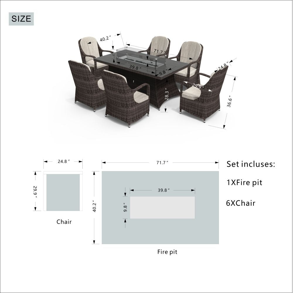 Ensemble de table rectangulaire en osier pour foyer à gaz d'extérieur avec 6 chaises par Moda Furnishings (housse de pluie incluse)