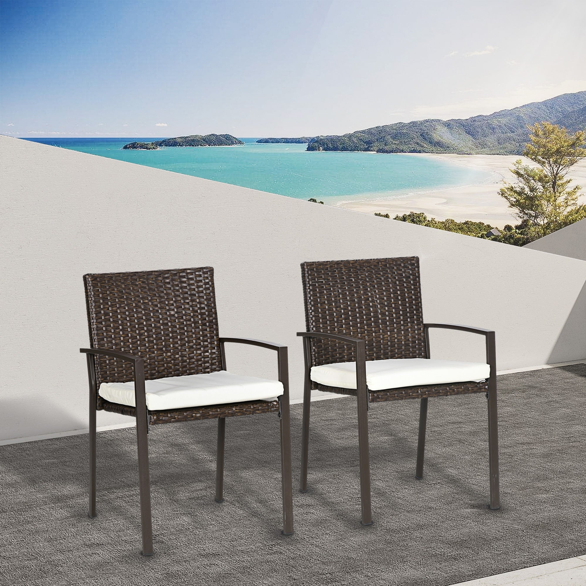 Outsunny Ensemble de 2 chaises de salle à manger d'extérieur en rotin synthétique avec coussin, dossier et accoudoirs