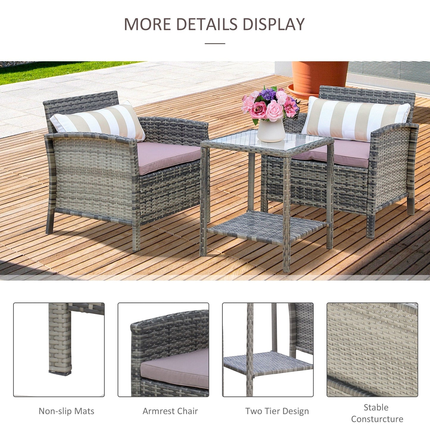Outsunny Ensemble bistrot 3 pièces en rotin et osier avec coussins moelleux, salon de jardin avec table basse et étagère de rangement en verre