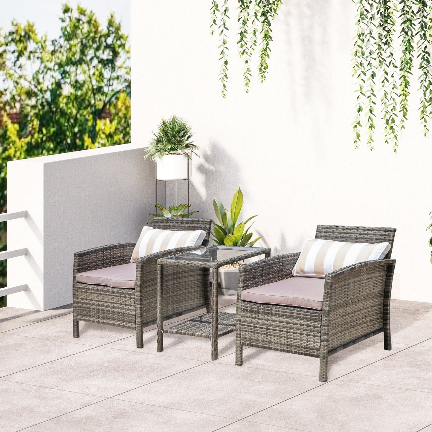 Outsunny Ensemble bistrot 3 pièces en rotin et osier avec coussins moelleux, salon de jardin avec table basse et étagère de rangement en verre