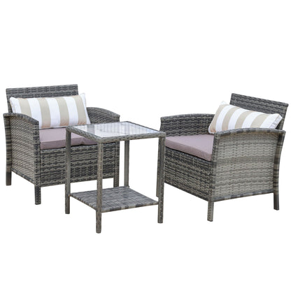 Outsunny Ensemble bistrot 3 pièces en rotin et osier avec coussins moelleux, salon de jardin avec table basse et étagère de rangement en verre