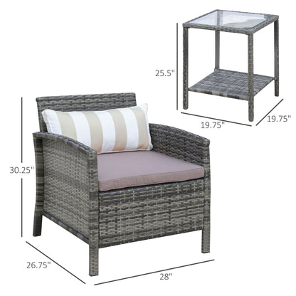 Outsunny Ensemble bistrot 3 pièces en rotin et osier avec coussins moelleux, salon de jardin avec table basse et étagère de rangement en verre