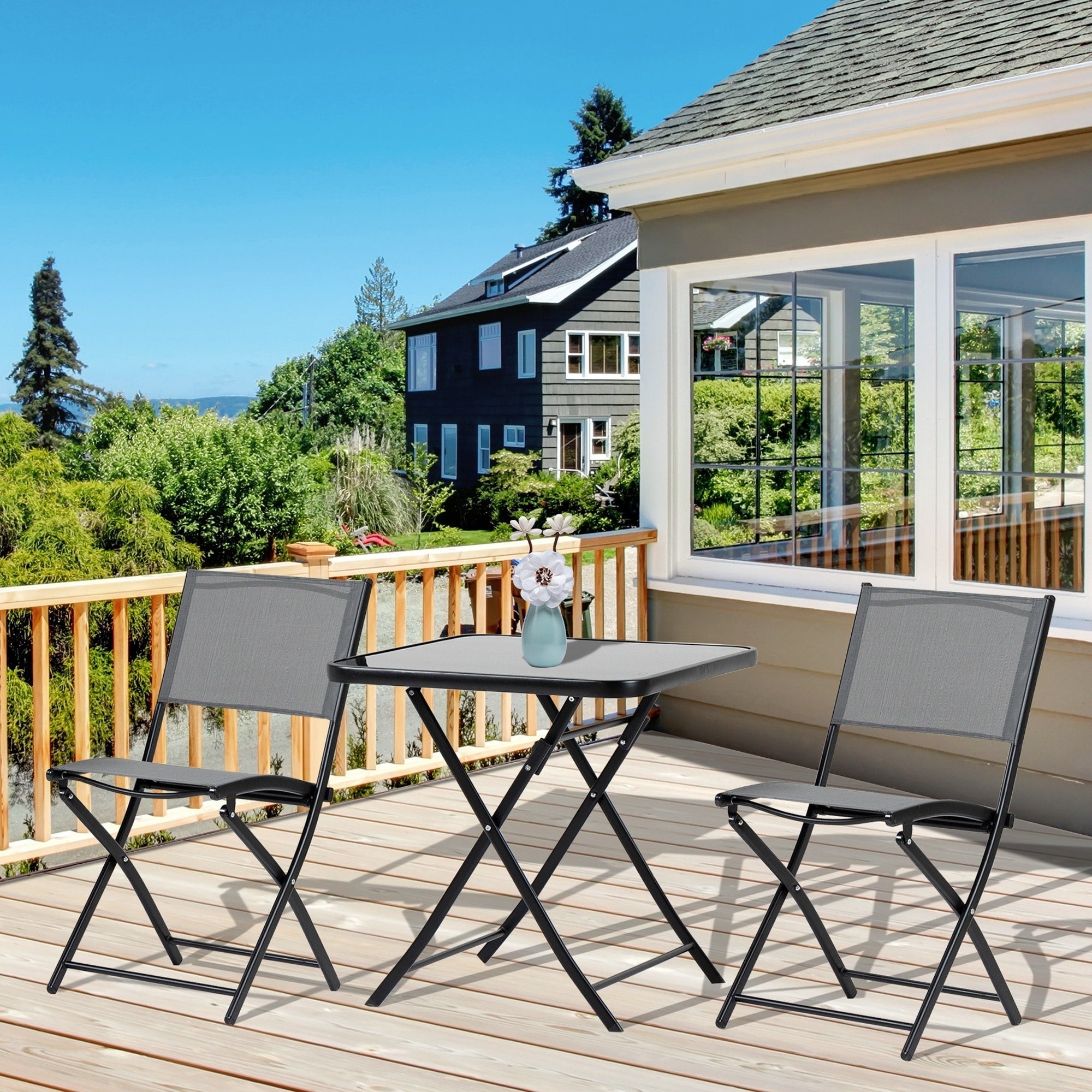 Ensemble bistrot de jardin Outsunny 3 pièces, ensemble de salle à manger pliant d'extérieur avec plateau en verre, 2 chaises pliantes et structure en acier
