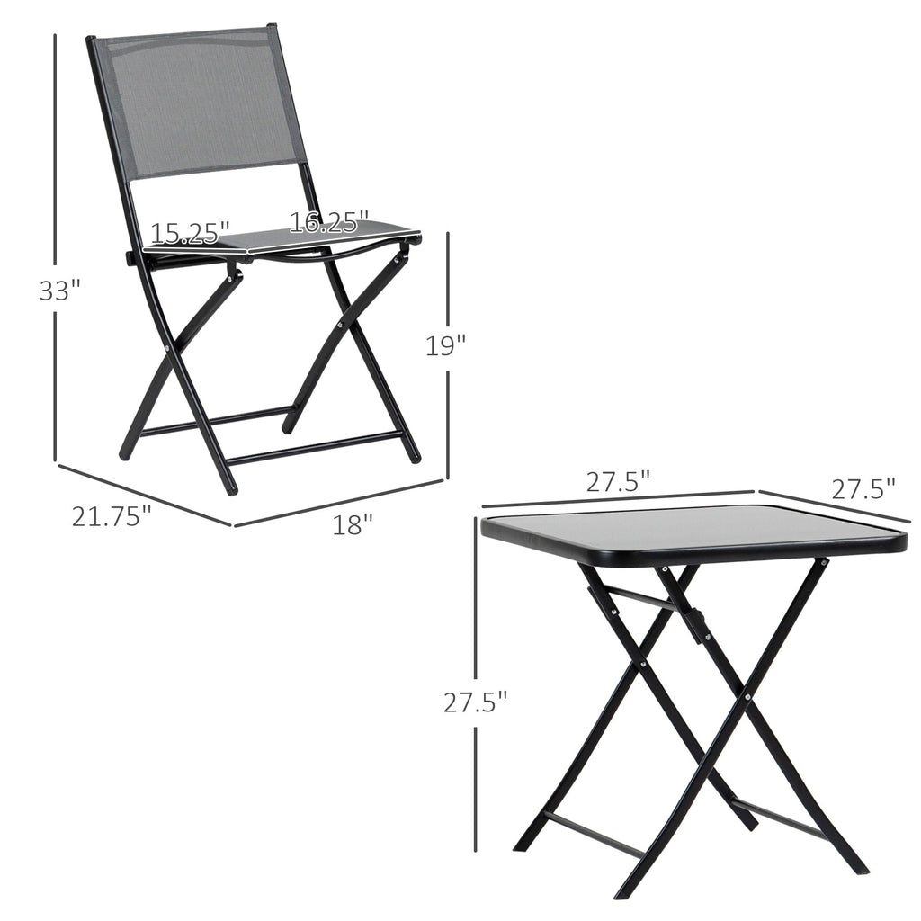 Ensemble bistrot de jardin Outsunny 3 pièces, ensemble de salle à manger pliant d'extérieur avec plateau en verre, 2 chaises pliantes et structure en acier