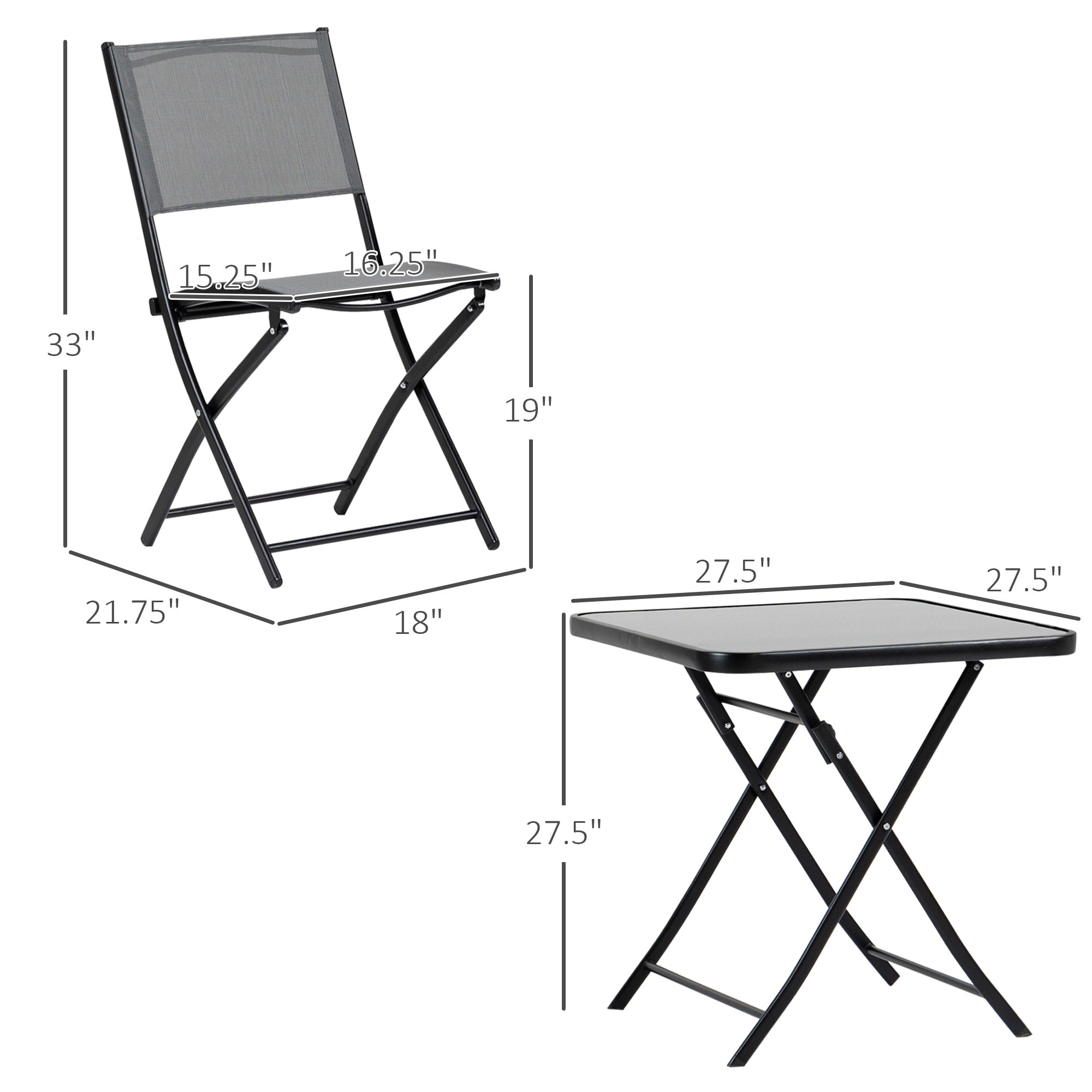 Ensemble bistrot de jardin Outsunny 3 pièces, ensemble de salle à manger pliant d'extérieur avec plateau en verre, 2 chaises pliantes et structure en acier