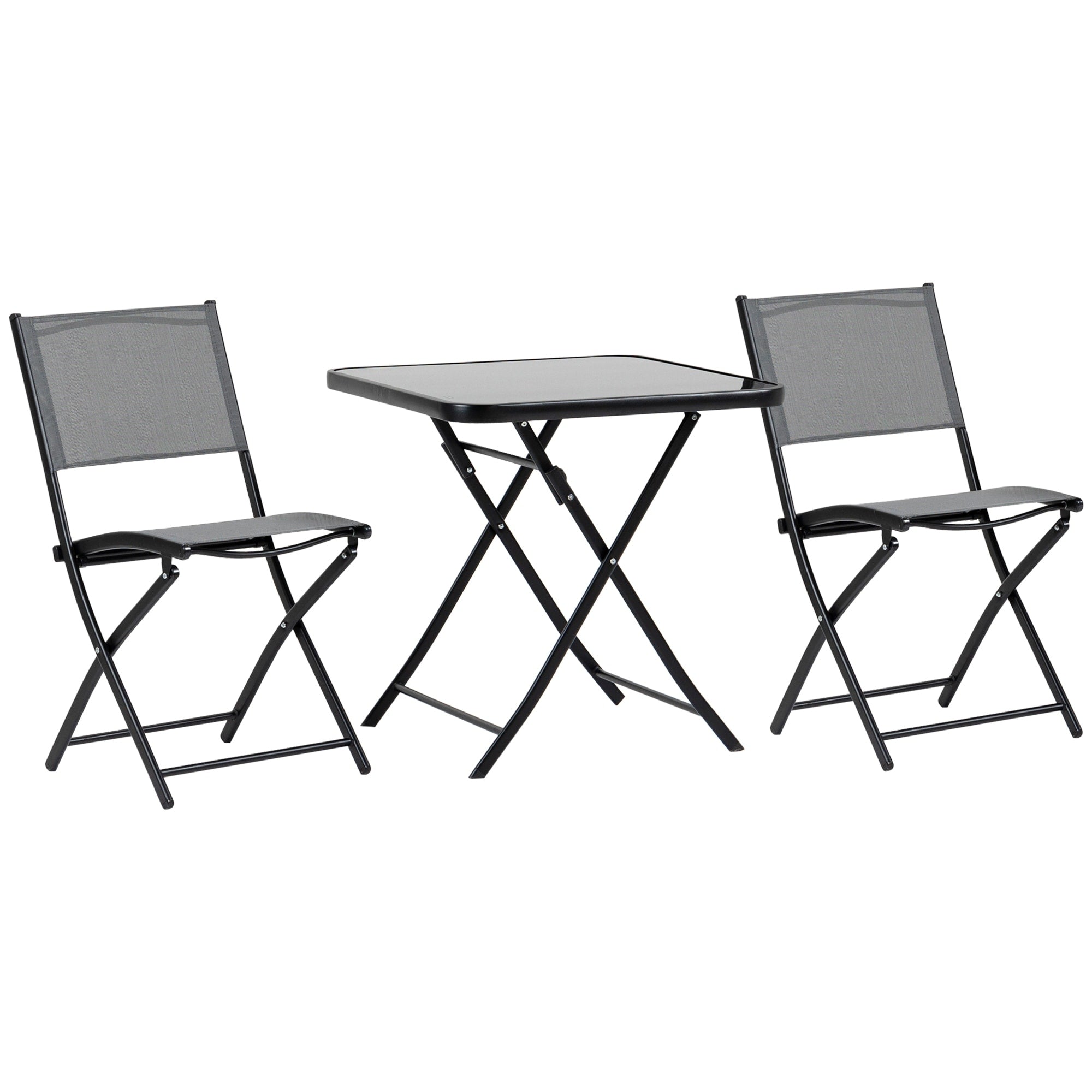 Ensemble bistrot de jardin Outsunny 3 pièces, ensemble de salle à manger pliant d'extérieur avec plateau en verre, 2 chaises pliantes et structure en acier