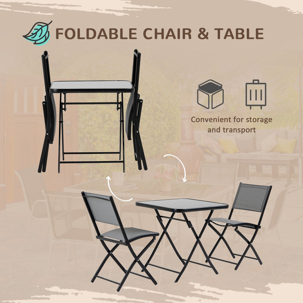 Ensemble bistrot de jardin Outsunny 3 pièces, ensemble de salle à manger pliant d'extérieur avec plateau en verre, 2 chaises pliantes et structure en acier