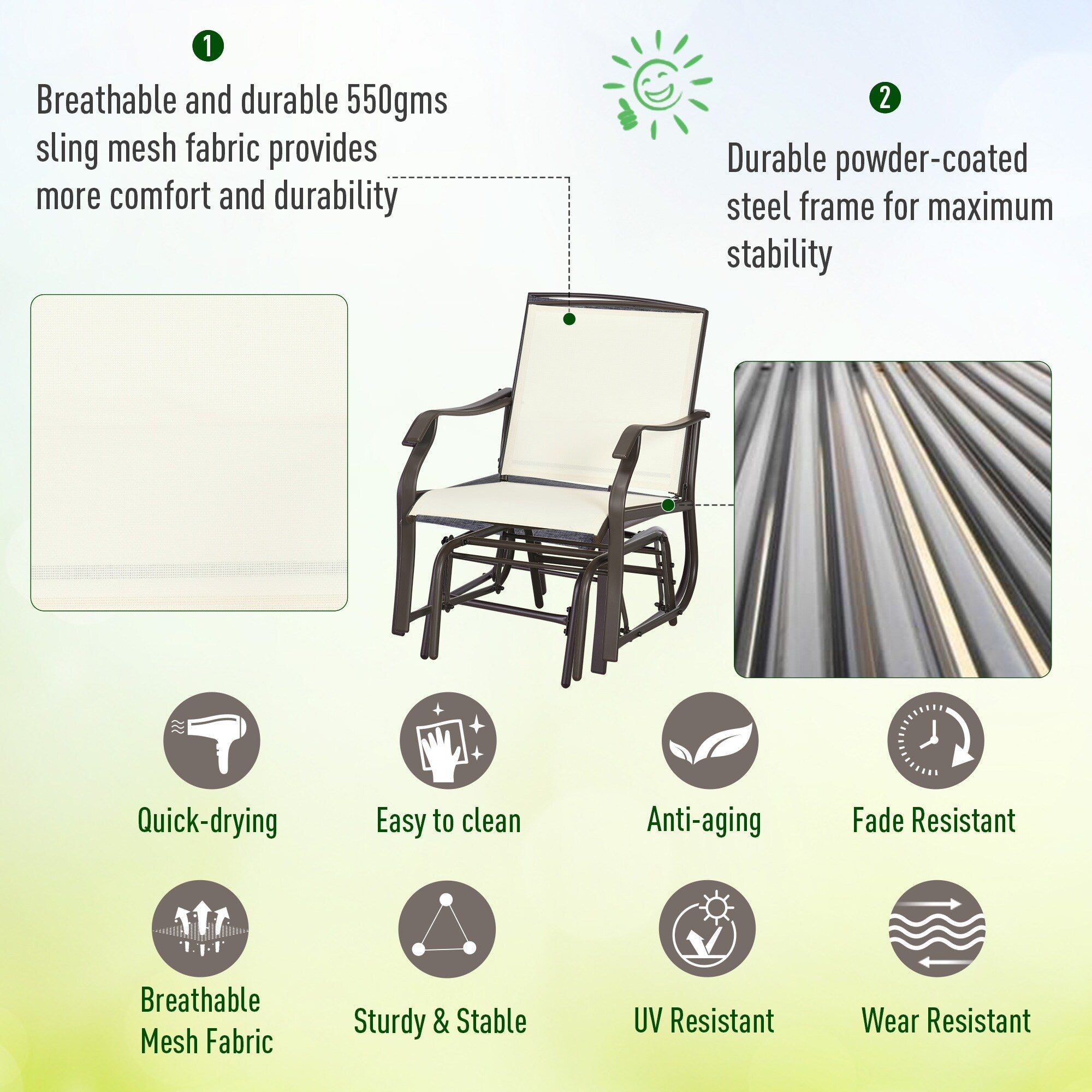 Outsunny Ensemble de 3 chaises d'extérieur avec table basse et 2 balancelles à bascule pour patio en tissu respirant
