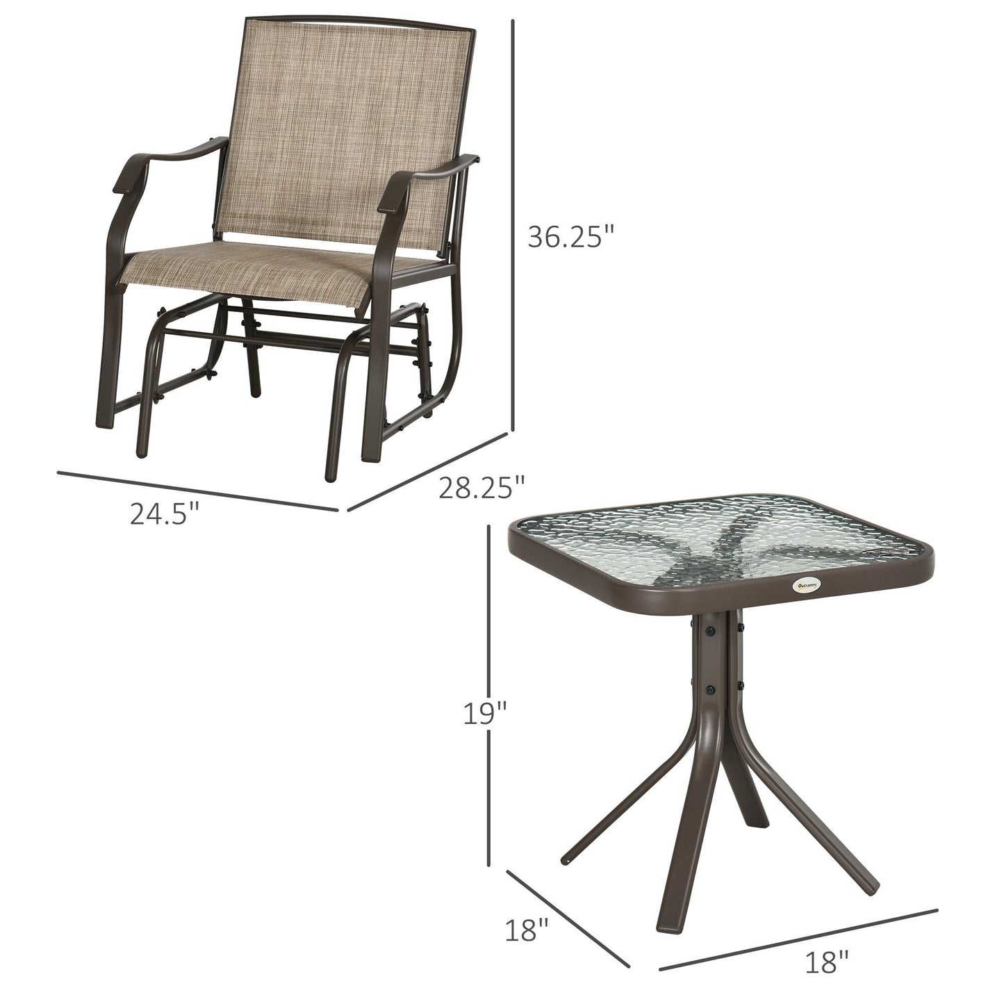 Outsunny Ensemble de 3 chaises d'extérieur avec table basse et 2 balancelles à bascule pour patio en tissu respirant