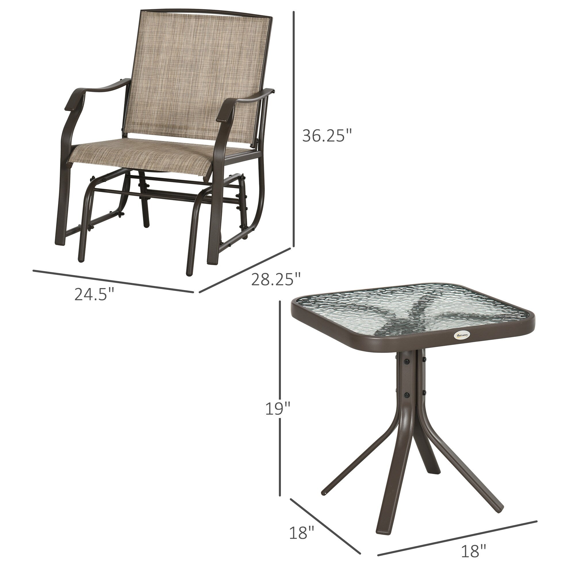 Outsunny Ensemble de 3 chaises d'extérieur avec table basse et 2 balancelles à bascule pour patio en tissu respirant