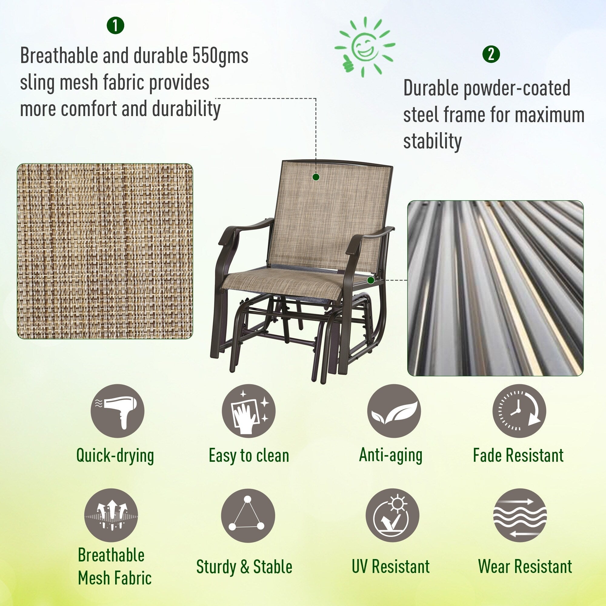 Outsunny Ensemble de 3 chaises d'extérieur avec table basse et 2 balancelles à bascule pour patio en tissu respirant