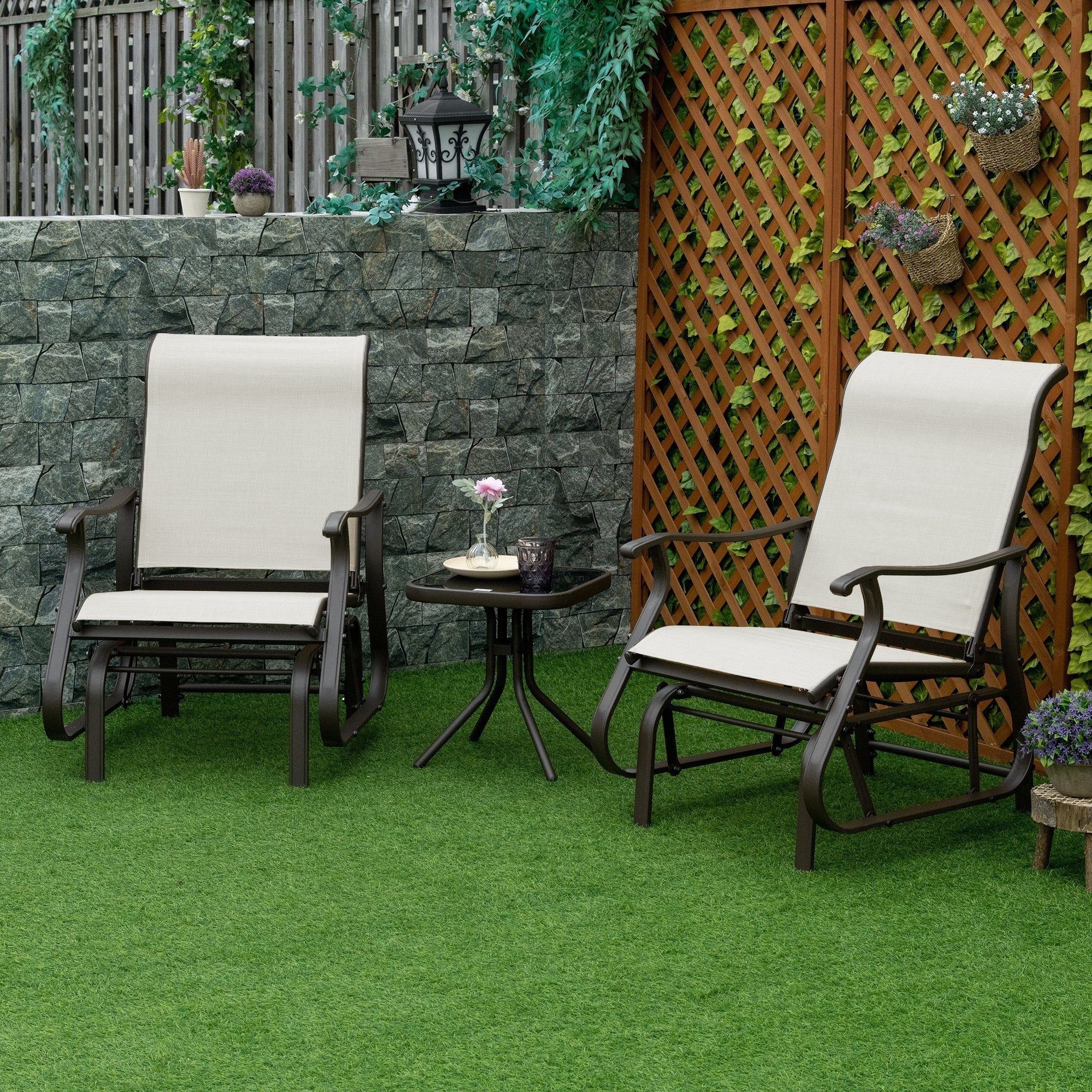 Ensemble bistrot Outsunny 3 pièces avec planeurs d'extérieur et table en verre trempé pour terrasse, jardin, arrière-cour et pelouse
