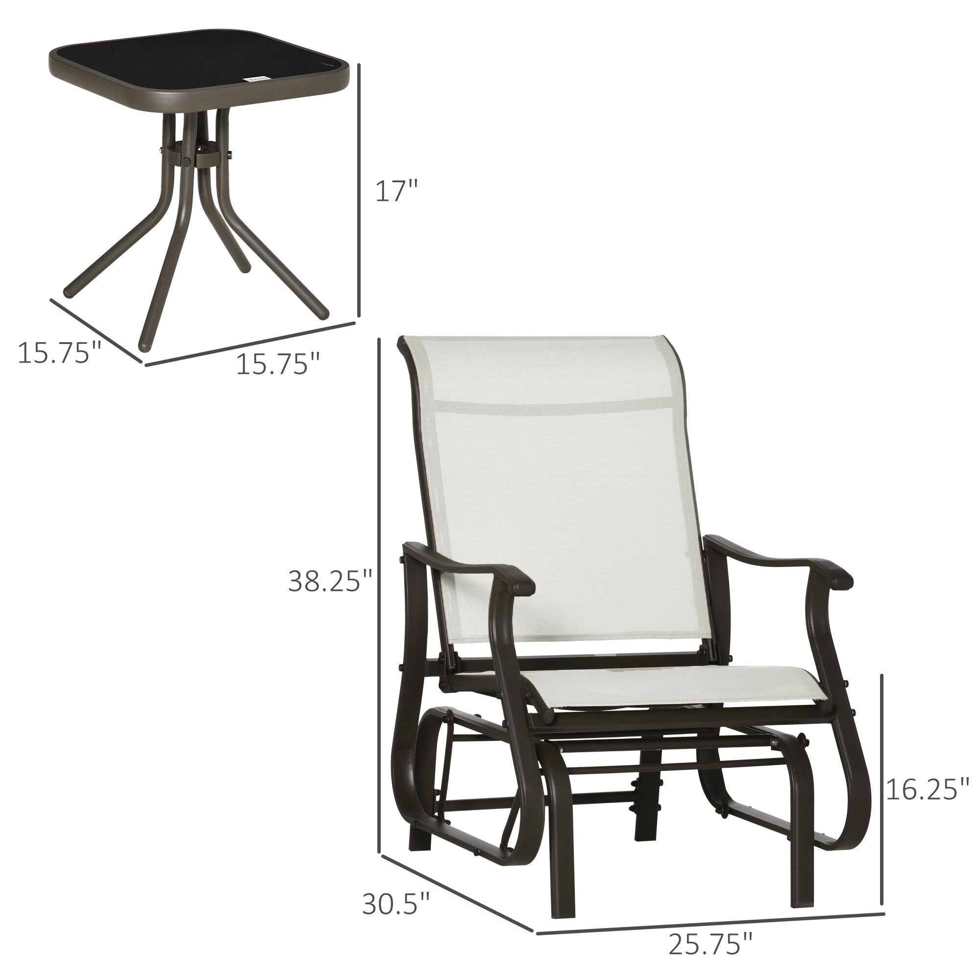 Ensemble bistrot Outsunny 3 pièces avec planeurs d'extérieur et table en verre trempé pour terrasse, jardin, arrière-cour et pelouse