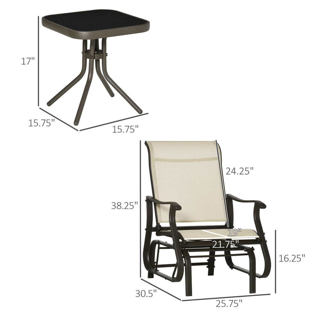 Ensemble bistrot Outsunny 3 pièces avec planeurs d'extérieur et table en verre trempé pour terrasse, jardin, arrière-cour et pelouse