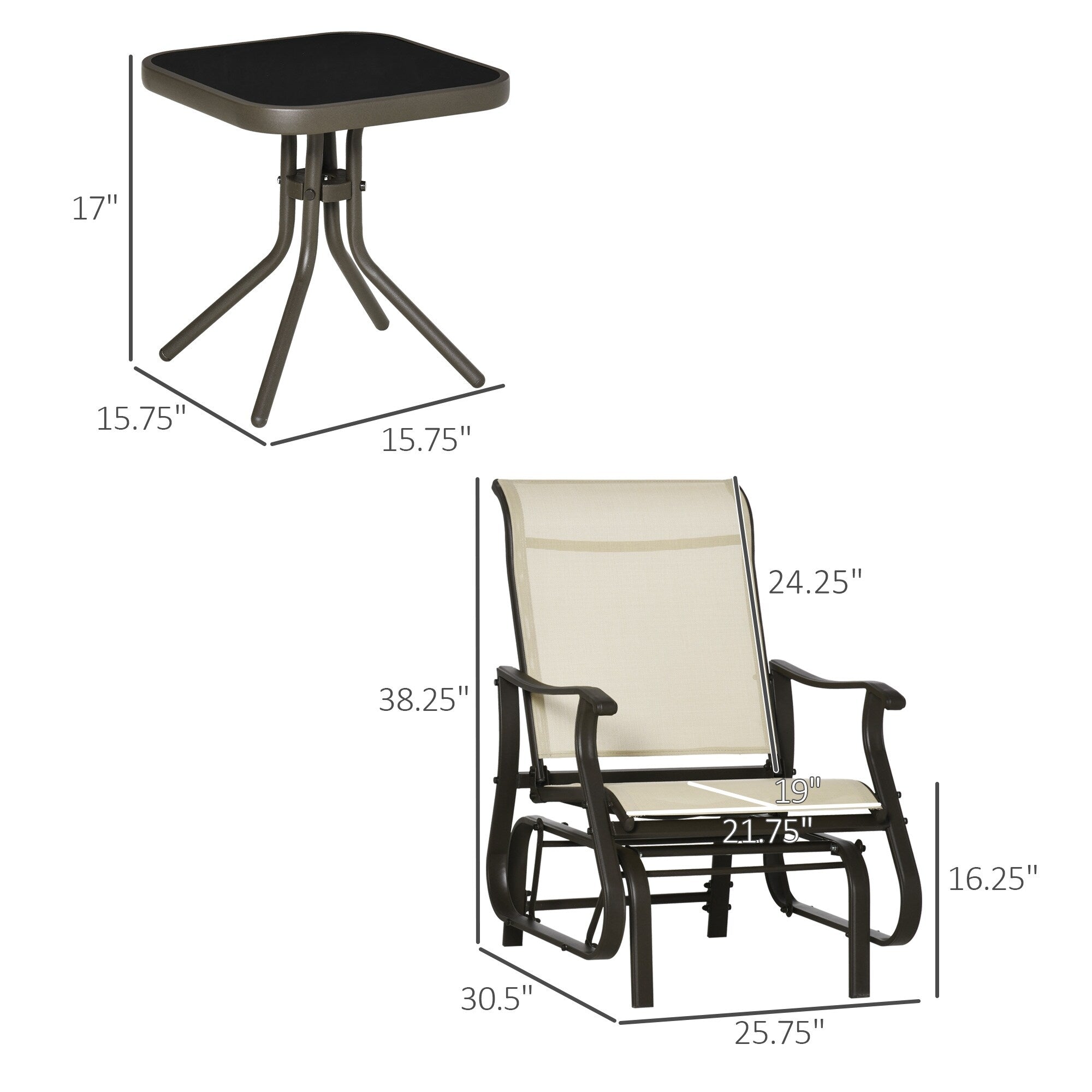 Ensemble bistrot Outsunny 3 pièces avec planeurs d'extérieur et table en verre trempé pour terrasse, jardin, arrière-cour et pelouse
