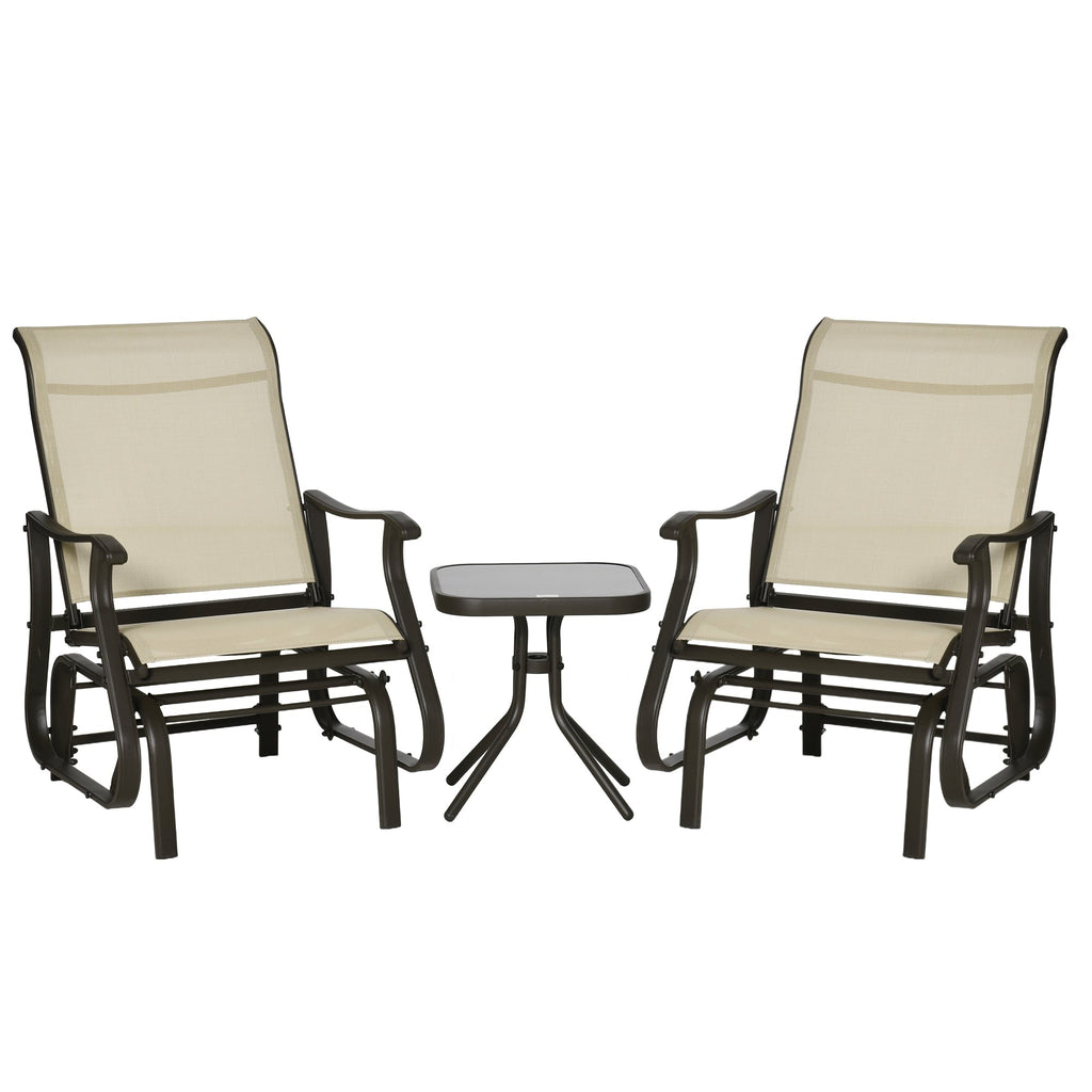 Ensemble bistrot Outsunny 3 pièces avec planeurs d'extérieur et table en verre trempé pour terrasse, jardin, arrière-cour et pelouse