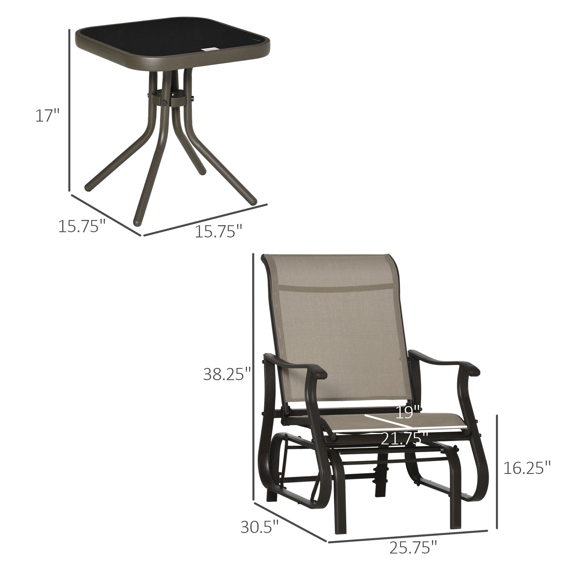 Ensemble bistrot Outsunny 3 pièces avec planeurs d'extérieur et table en verre trempé pour terrasse, jardin, arrière-cour et pelouse