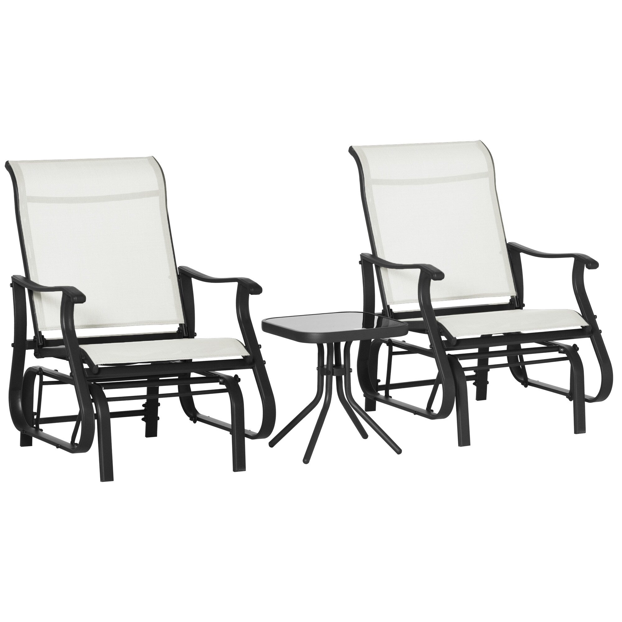 Ensemble bistrot Outsunny 3 pièces avec planeurs d'extérieur et table en verre trempé pour terrasse, jardin, arrière-cour et pelouse