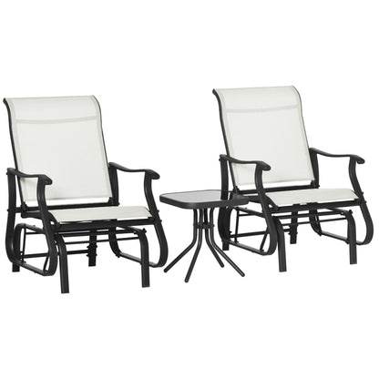 Ensemble bistrot Outsunny 3 pièces avec planeurs d'extérieur et table en verre trempé pour terrasse, jardin, arrière-cour et pelouse