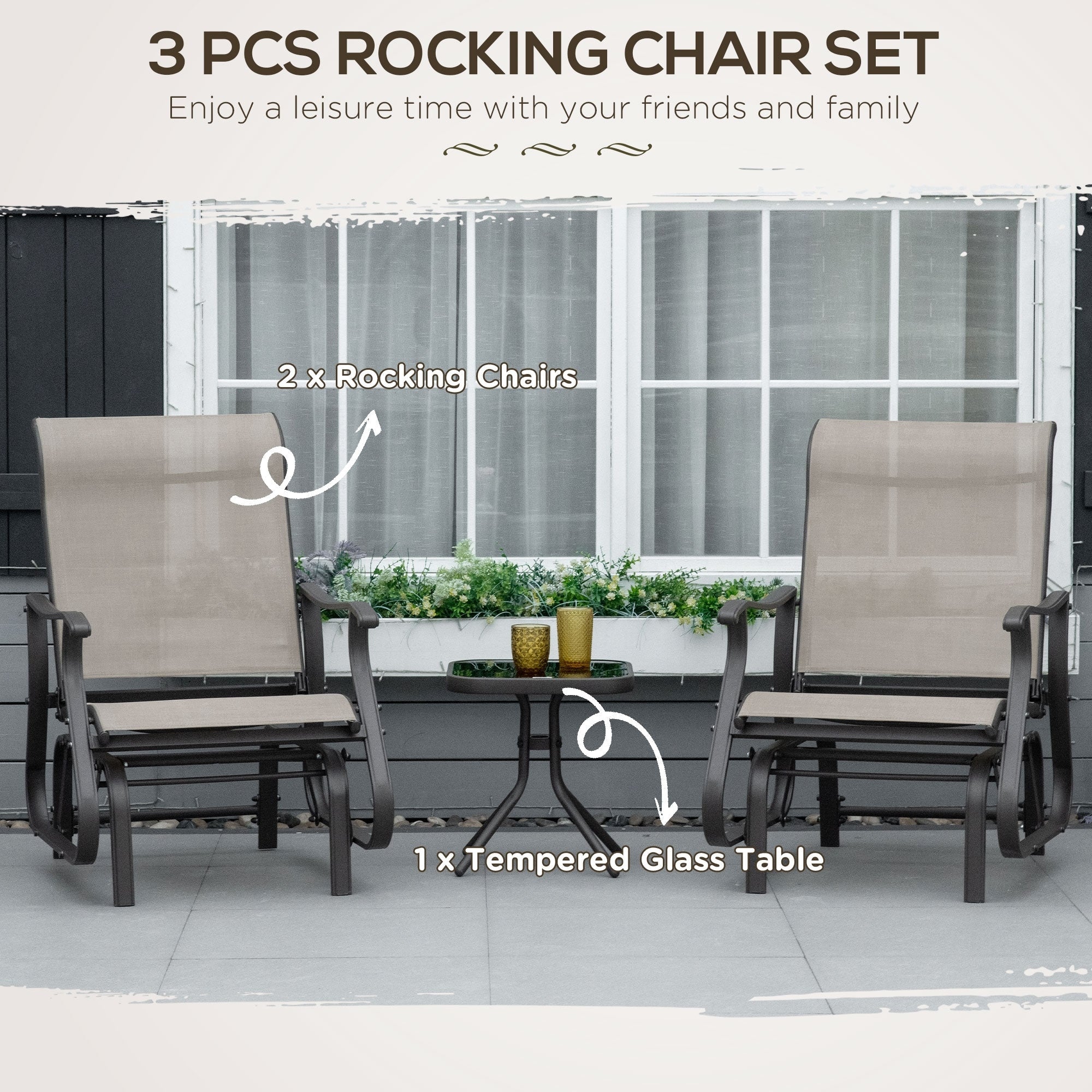 Ensemble bistrot Outsunny 3 pièces avec planeurs d'extérieur et table en verre trempé pour terrasse, jardin, arrière-cour et pelouse