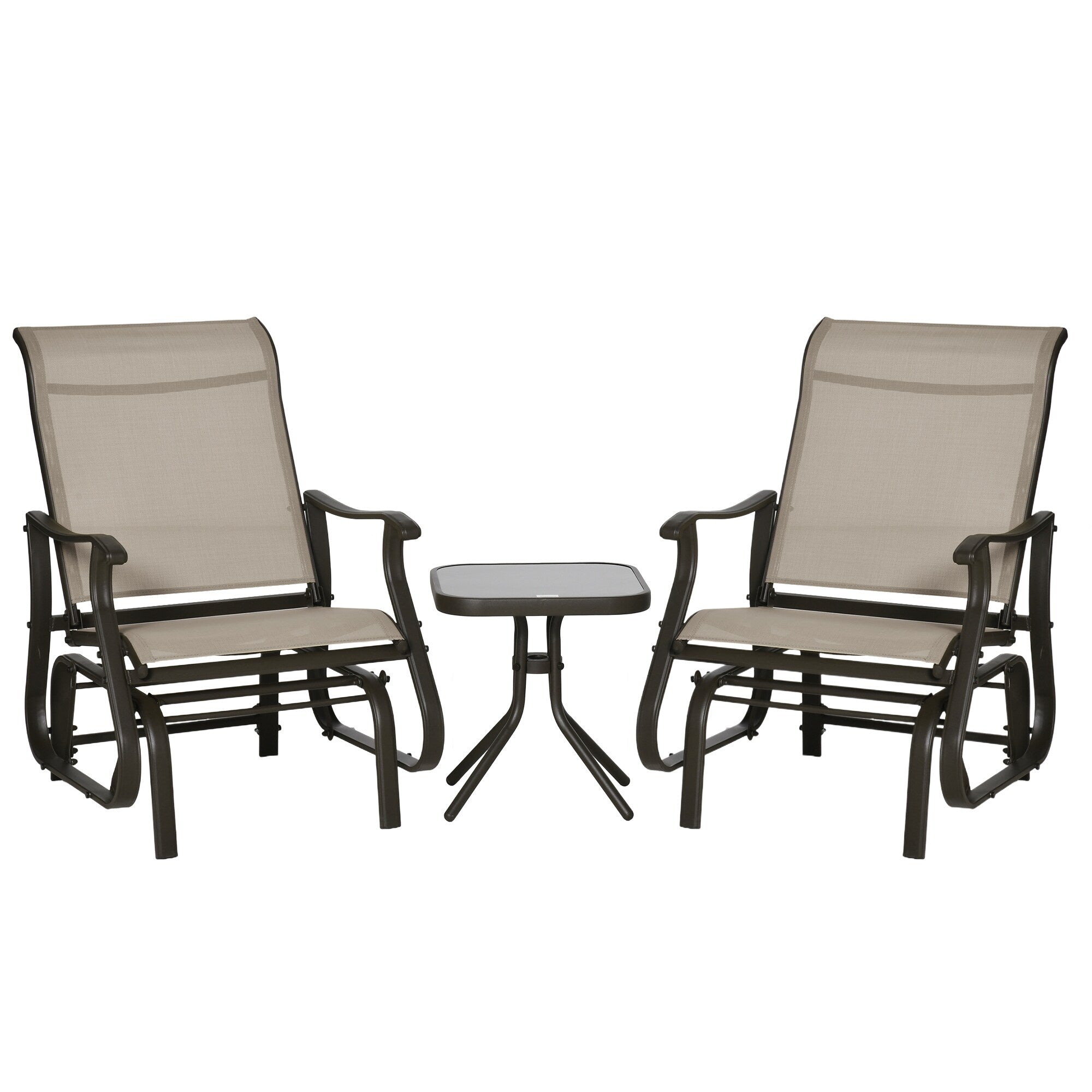 Ensemble bistrot Outsunny 3 pièces avec planeurs d'extérieur et table en verre trempé pour terrasse, jardin, arrière-cour et pelouse