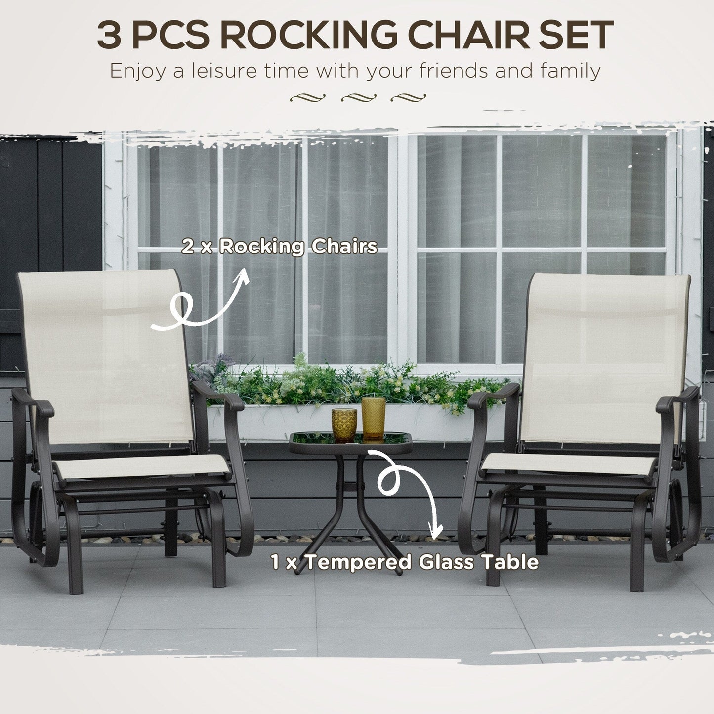 Ensemble bistrot Outsunny 3 pièces avec planeurs d'extérieur et table en verre trempé pour terrasse, jardin, arrière-cour et pelouse