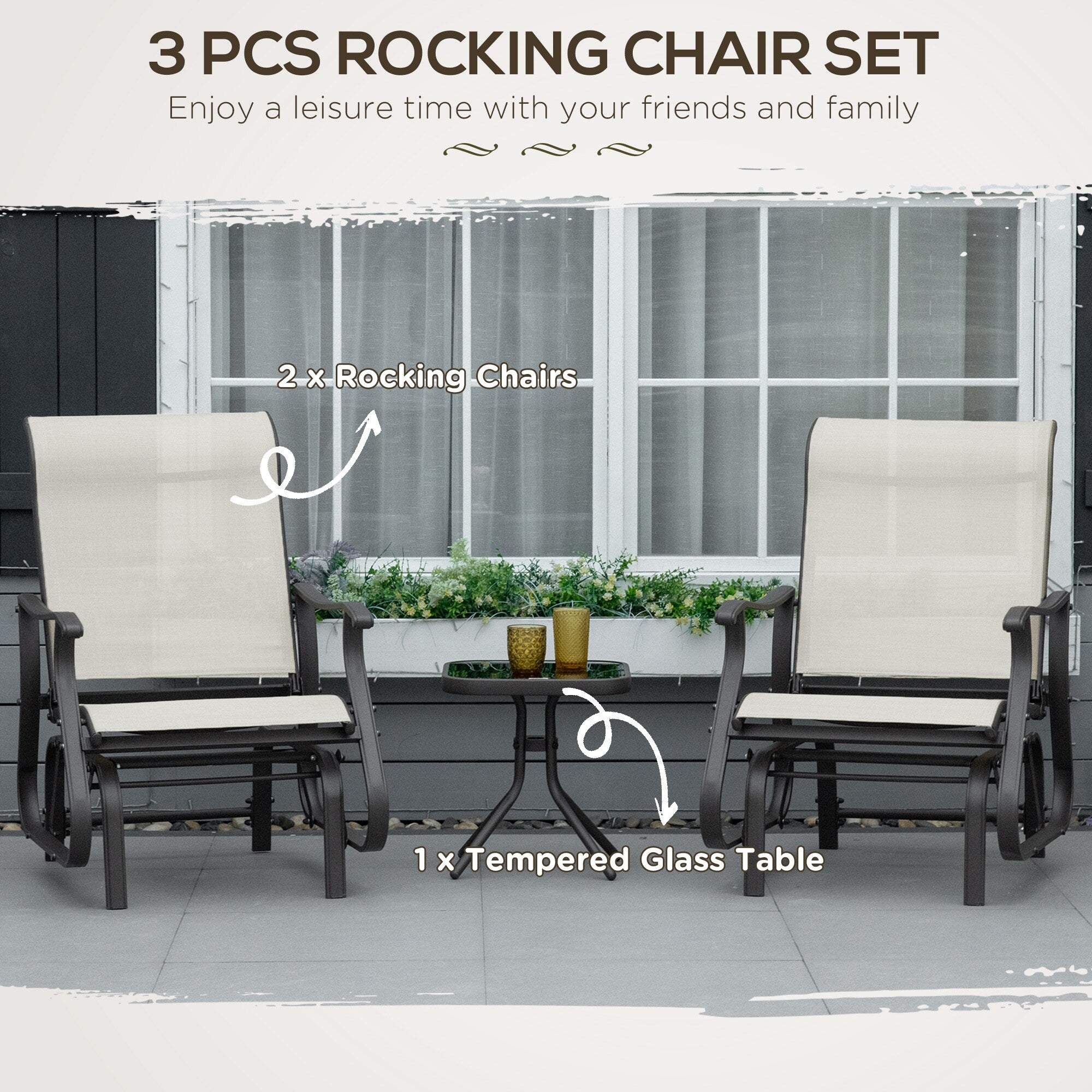 Ensemble bistrot Outsunny 3 pièces avec planeurs d'extérieur et table en verre trempé pour terrasse, jardin, arrière-cour et pelouse
