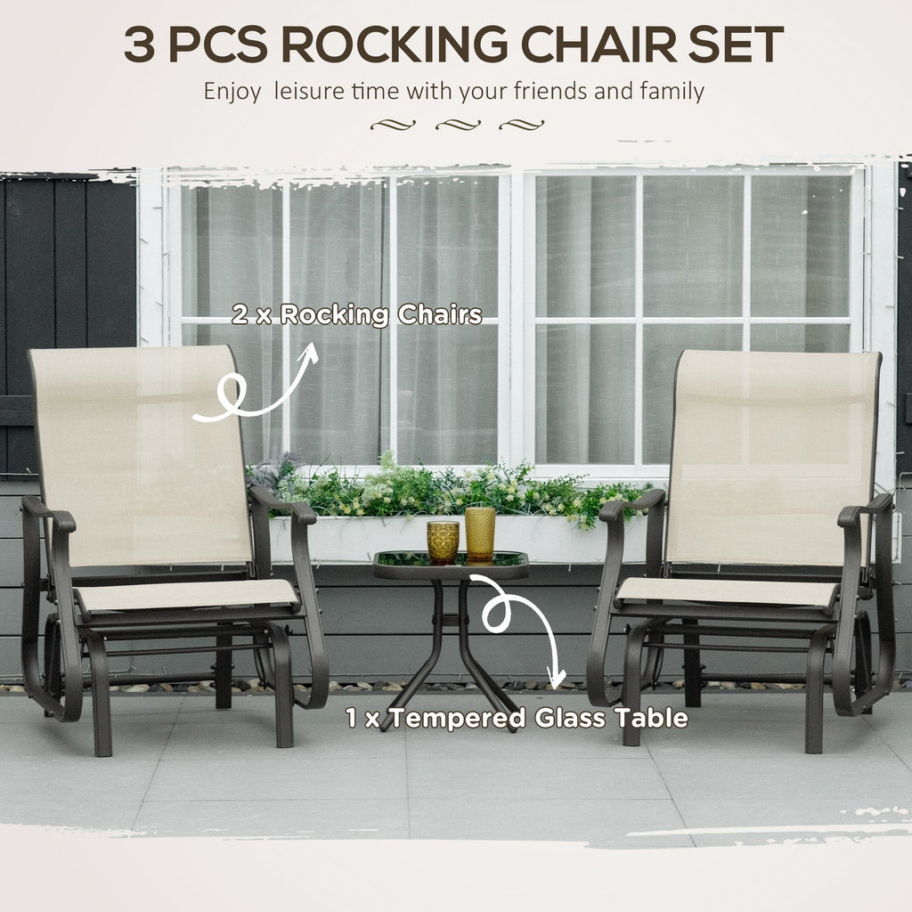 Ensemble bistrot Outsunny 3 pièces avec planeurs d'extérieur et table en verre trempé pour terrasse, jardin, arrière-cour et pelouse