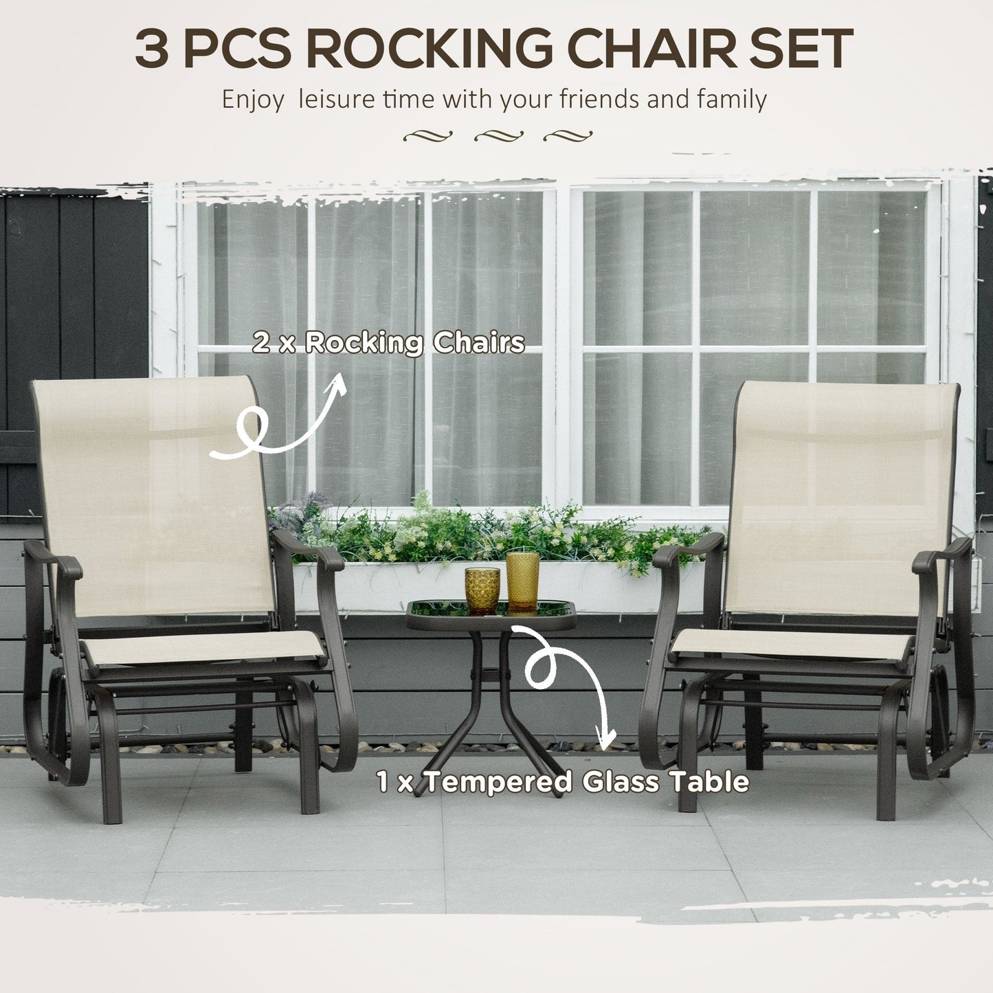 Ensemble bistrot Outsunny 3 pièces avec planeurs d'extérieur et table en verre trempé pour terrasse, jardin, arrière-cour et pelouse