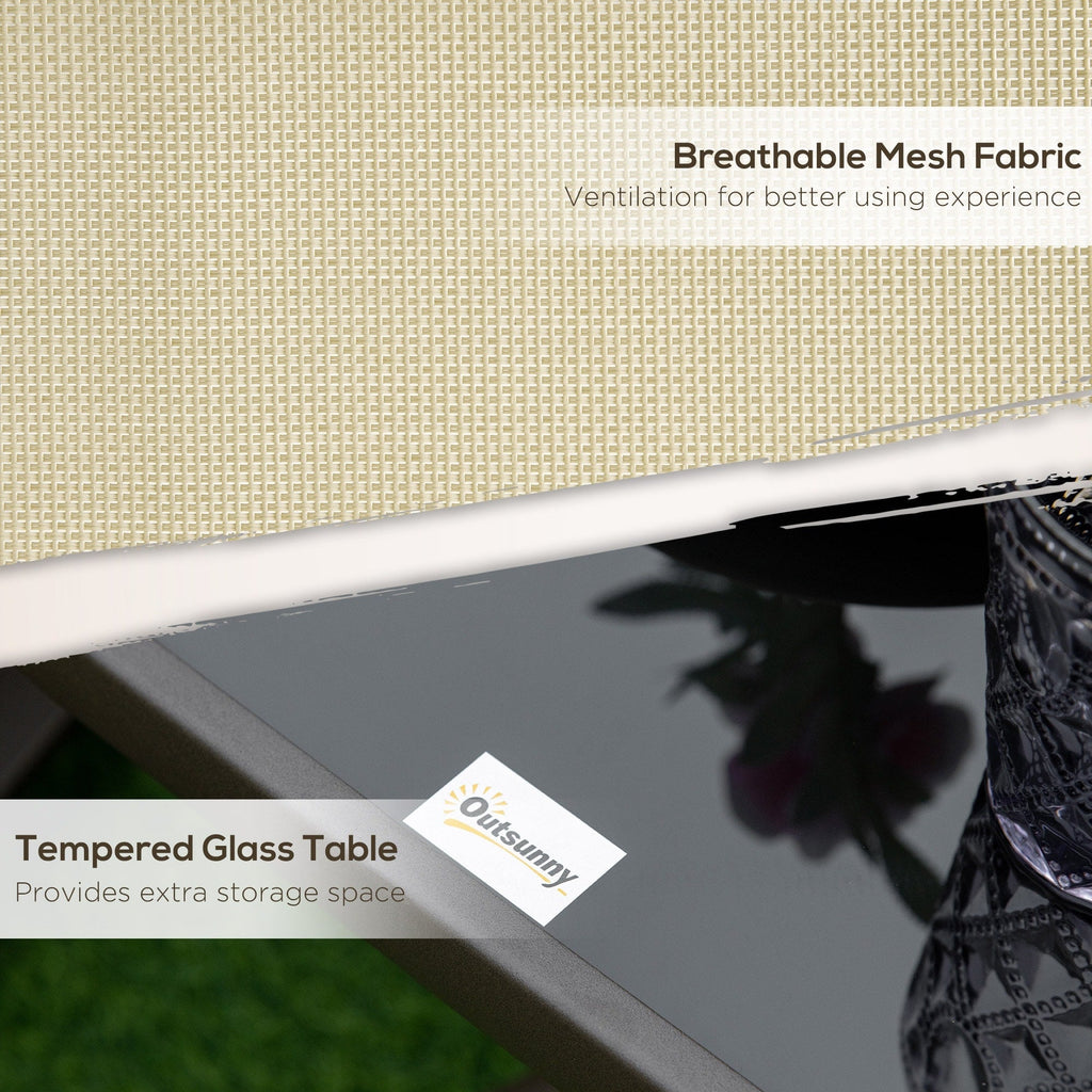 Ensemble bistrot Outsunny 3 pièces avec planeurs d'extérieur et table en verre trempé pour terrasse, jardin, arrière-cour et pelouse