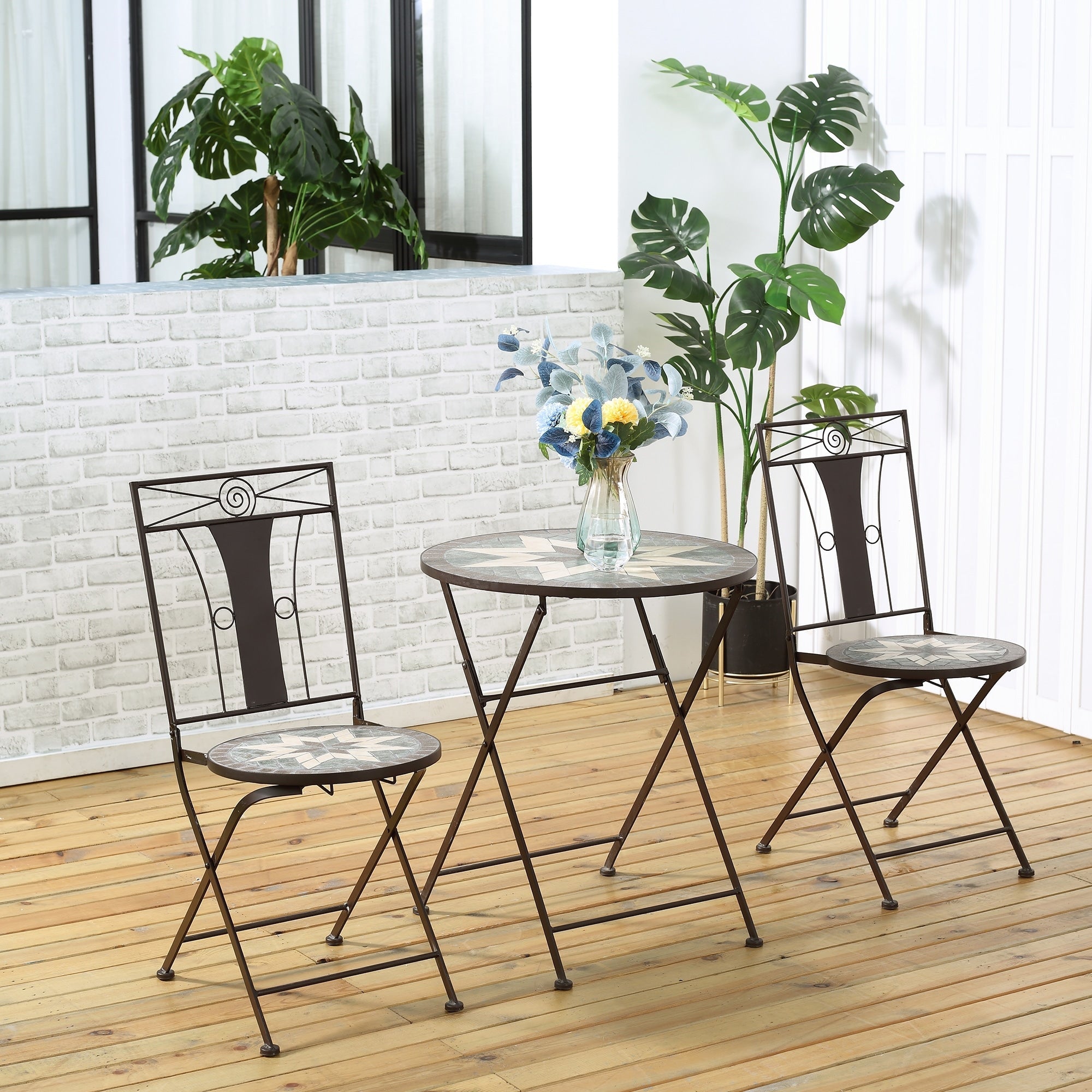 Ensemble bistrot Outsunny 3 pièces pour terrasse, table en mosaïque et 2 chaises sans accoudoirs pliables, structure en métal pour jardin et piscine