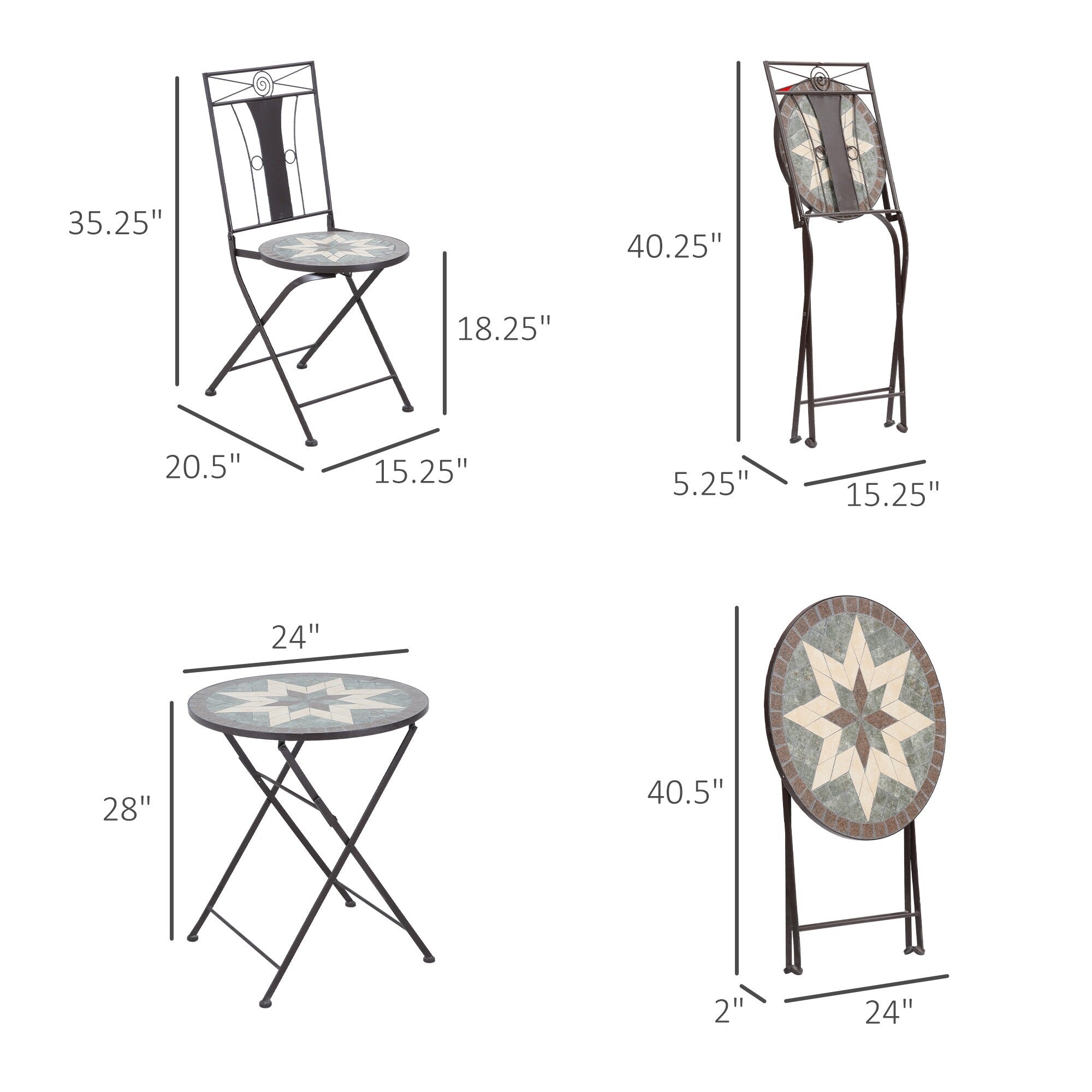 Ensemble bistrot Outsunny 3 pièces pour terrasse, table en mosaïque et 2 chaises sans accoudoirs pliables, structure en métal pour jardin et piscine