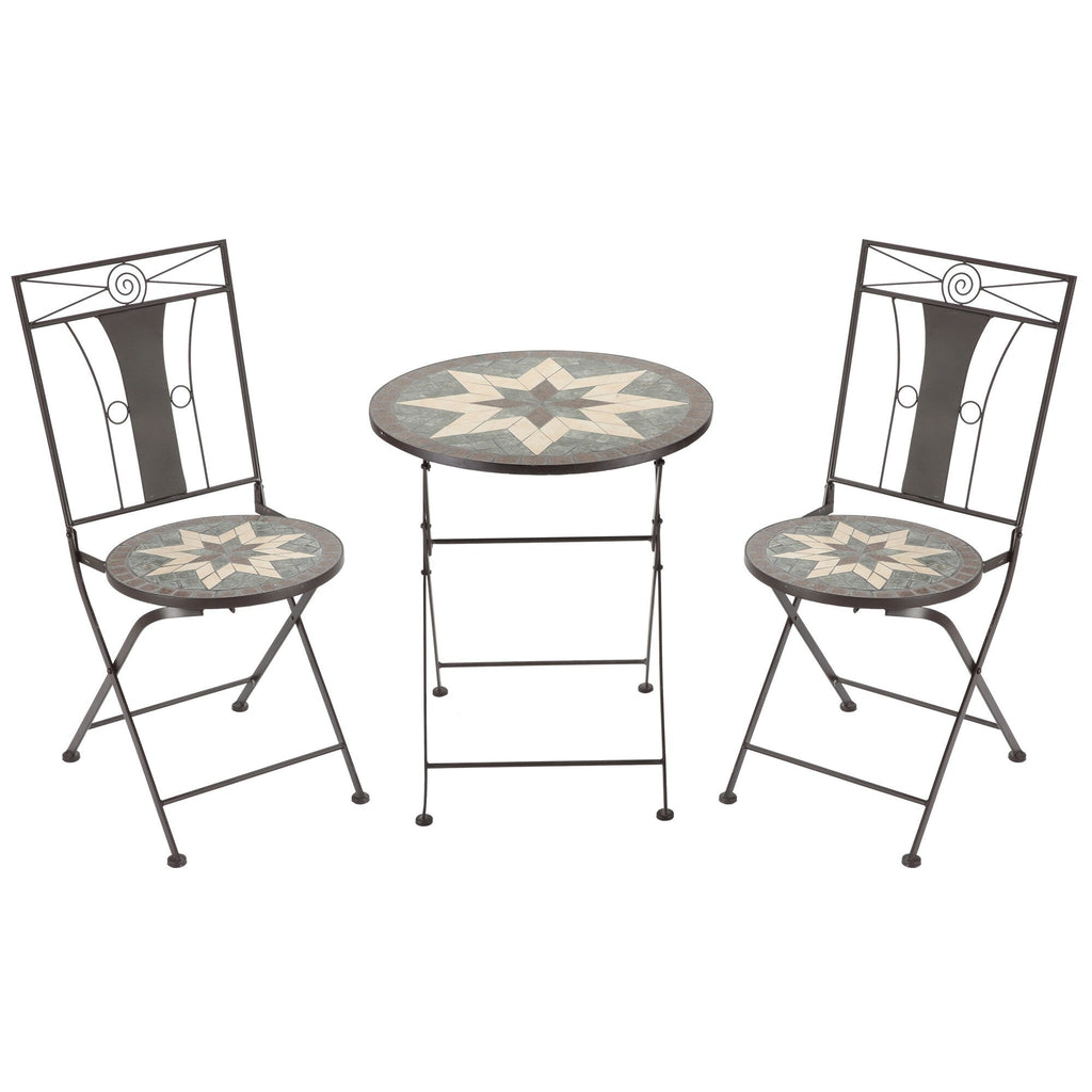 Ensemble bistrot Outsunny 3 pièces pour terrasse, table en mosaïque et 2 chaises sans accoudoirs pliables, structure en métal pour jardin et piscine