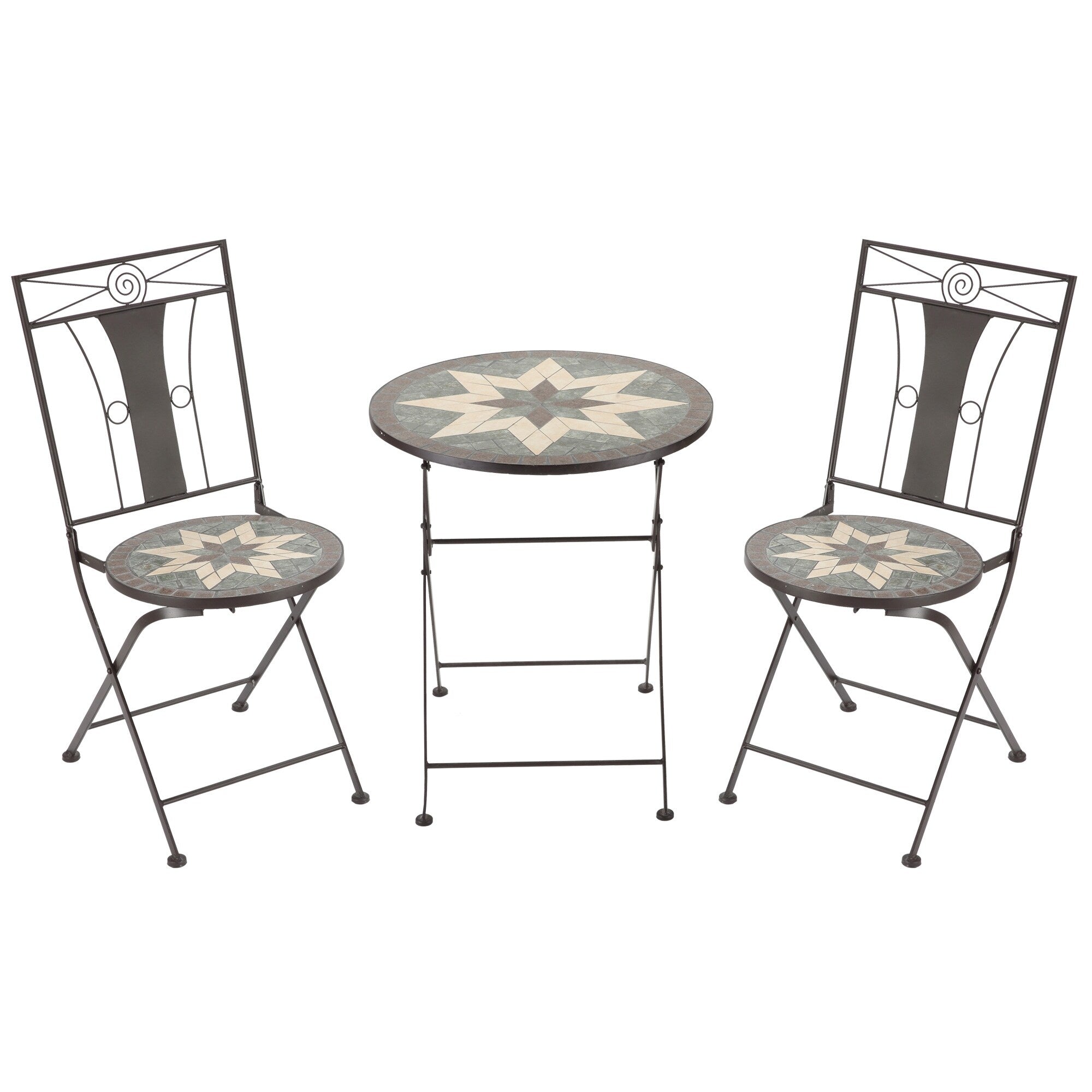 Ensemble bistrot Outsunny 3 pièces pour terrasse, table en mosaïque et 2 chaises sans accoudoirs pliables, structure en métal pour jardin et piscine