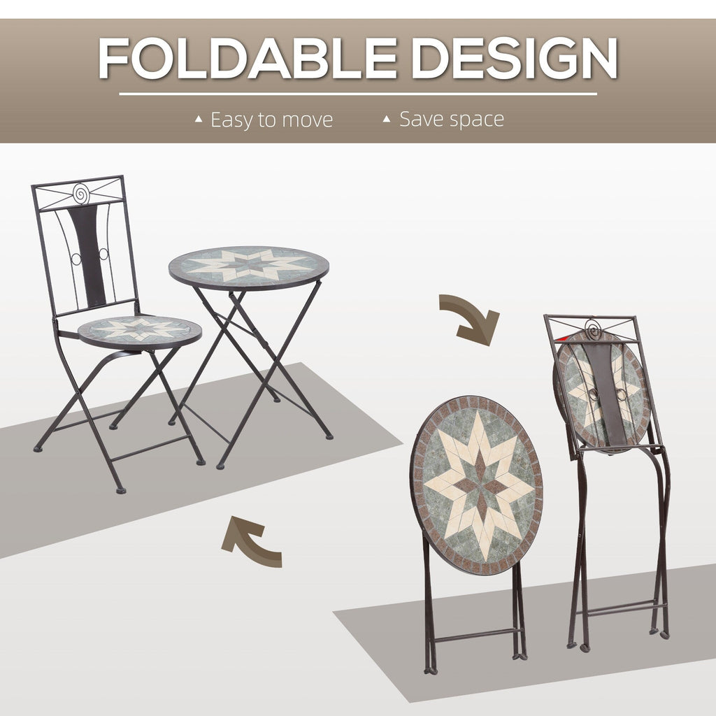 Ensemble bistrot Outsunny 3 pièces pour terrasse, table en mosaïque et 2 chaises sans accoudoirs pliables, structure en métal pour jardin et piscine
