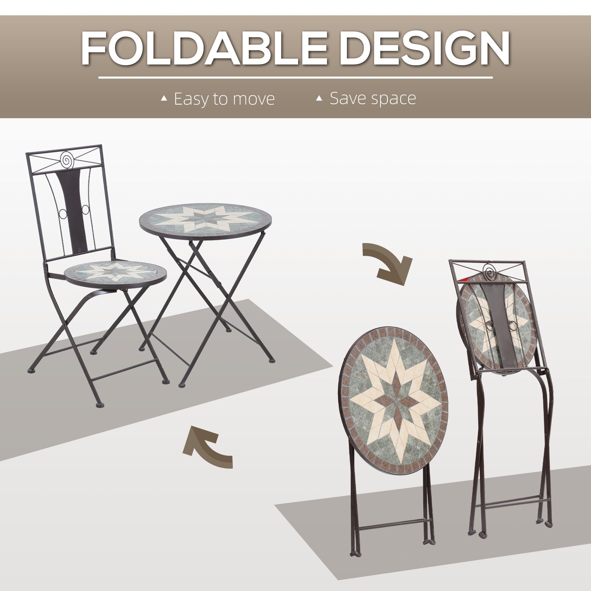 Ensemble bistrot Outsunny 3 pièces pour terrasse, table en mosaïque et 2 chaises sans accoudoirs pliables, structure en métal pour jardin et piscine