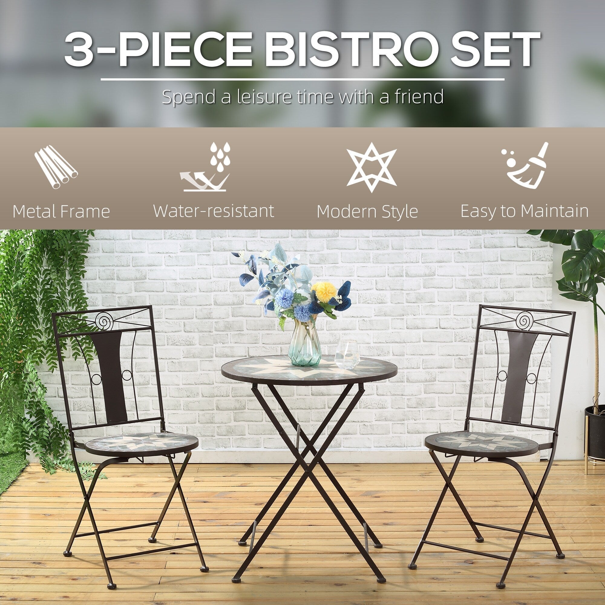 Ensemble bistrot Outsunny 3 pièces pour terrasse, table en mosaïque et 2 chaises sans accoudoirs pliables, structure en métal pour jardin et piscine