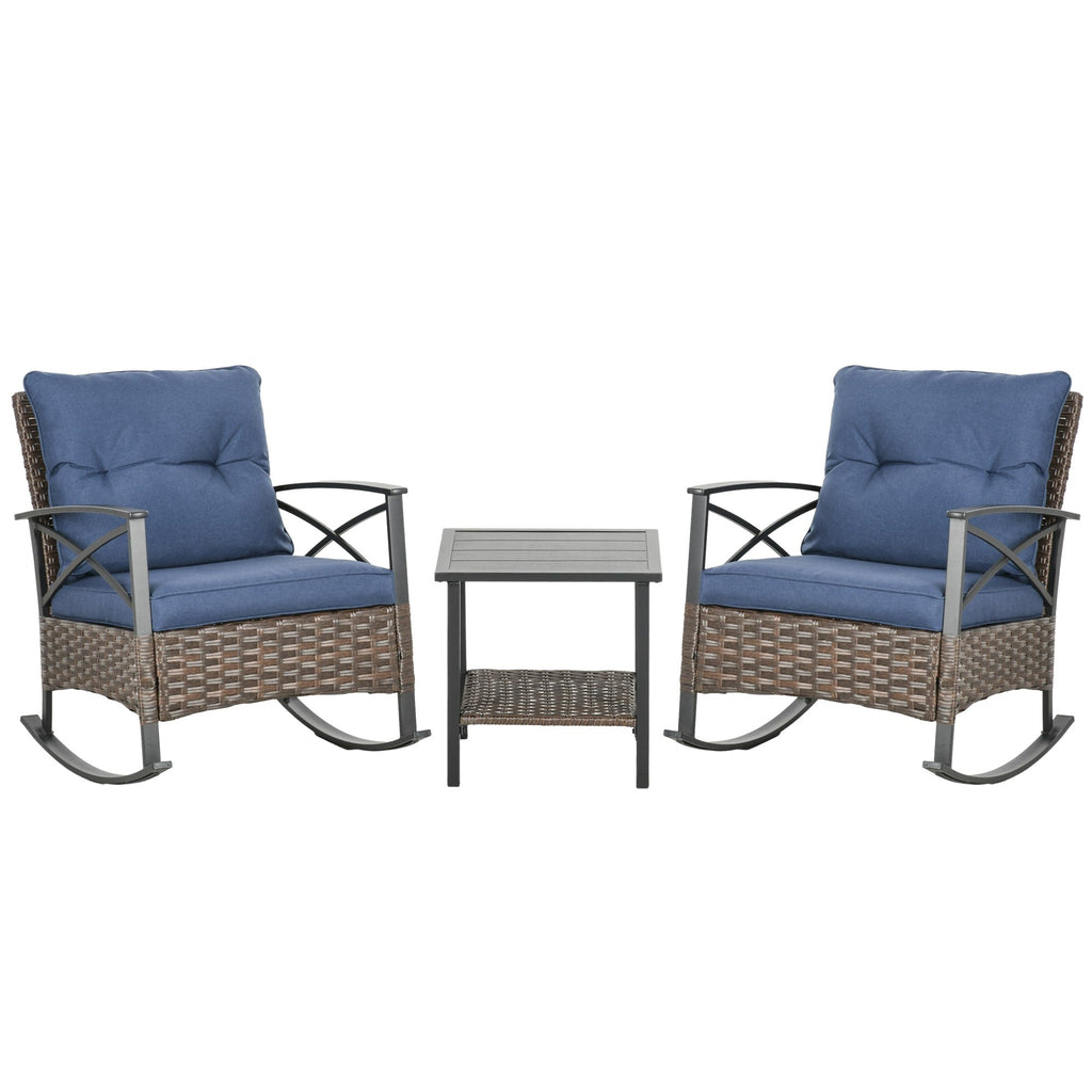 Ensemble de patio Outsunny 3 pièces avec chaises à bascule, ensemble bistrot d'extérieur en osier avec 2 chaises à bascule, table basse à 2 niveaux et coussins