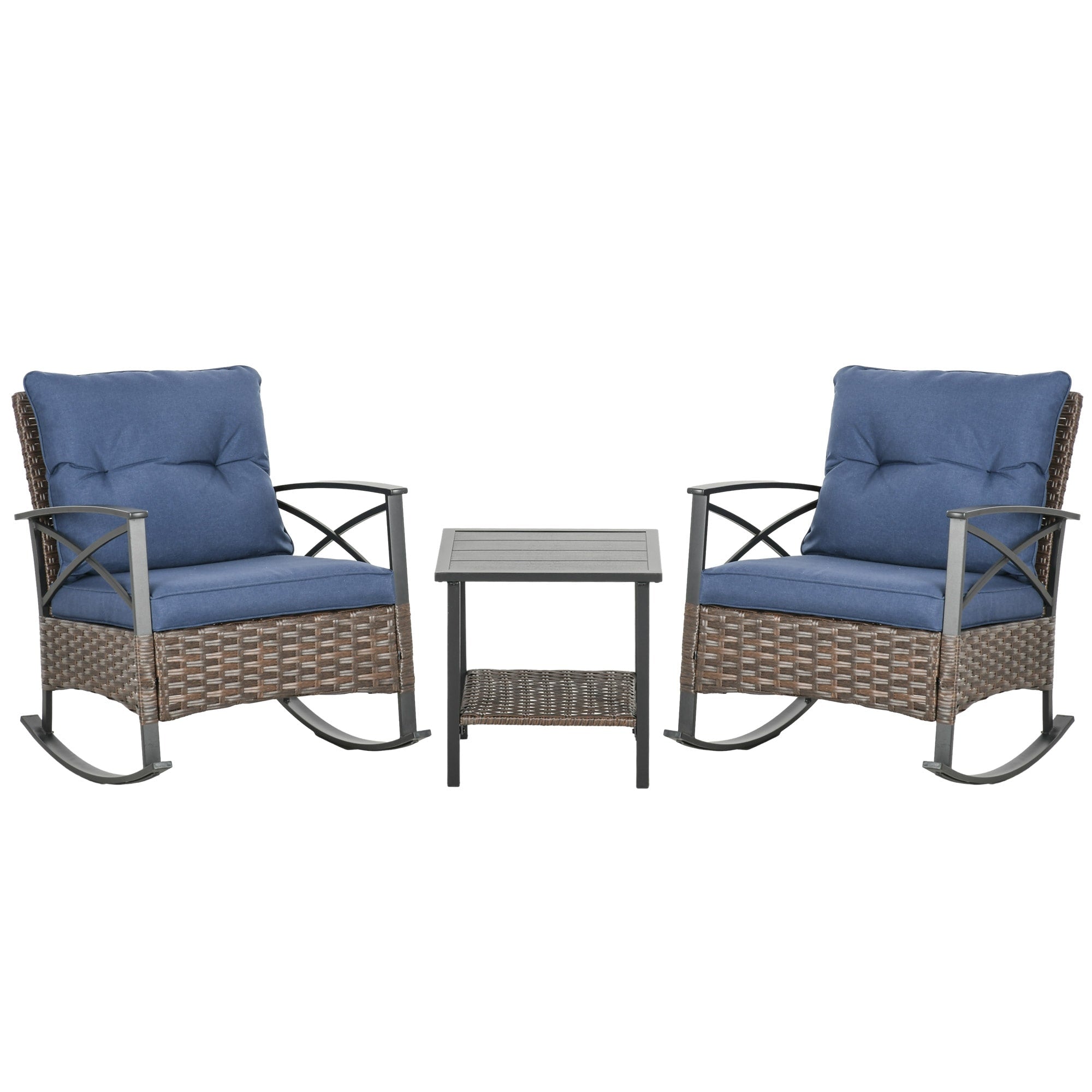 Ensemble de patio Outsunny 3 pièces avec chaises à bascule, ensemble bistrot d'extérieur en osier avec 2 chaises à bascule, table basse à 2 niveaux et coussins