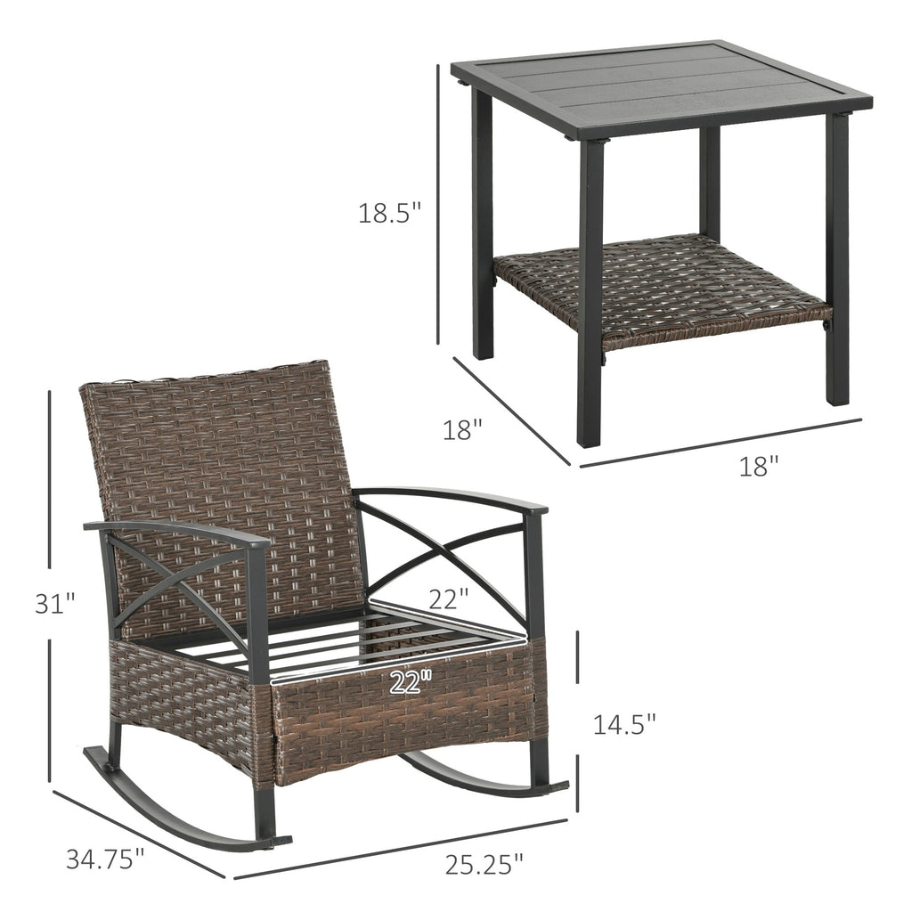 Ensemble de patio Outsunny 3 pièces avec chaises à bascule, ensemble bistrot d'extérieur en osier avec 2 chaises à bascule, table basse à 2 niveaux et coussins