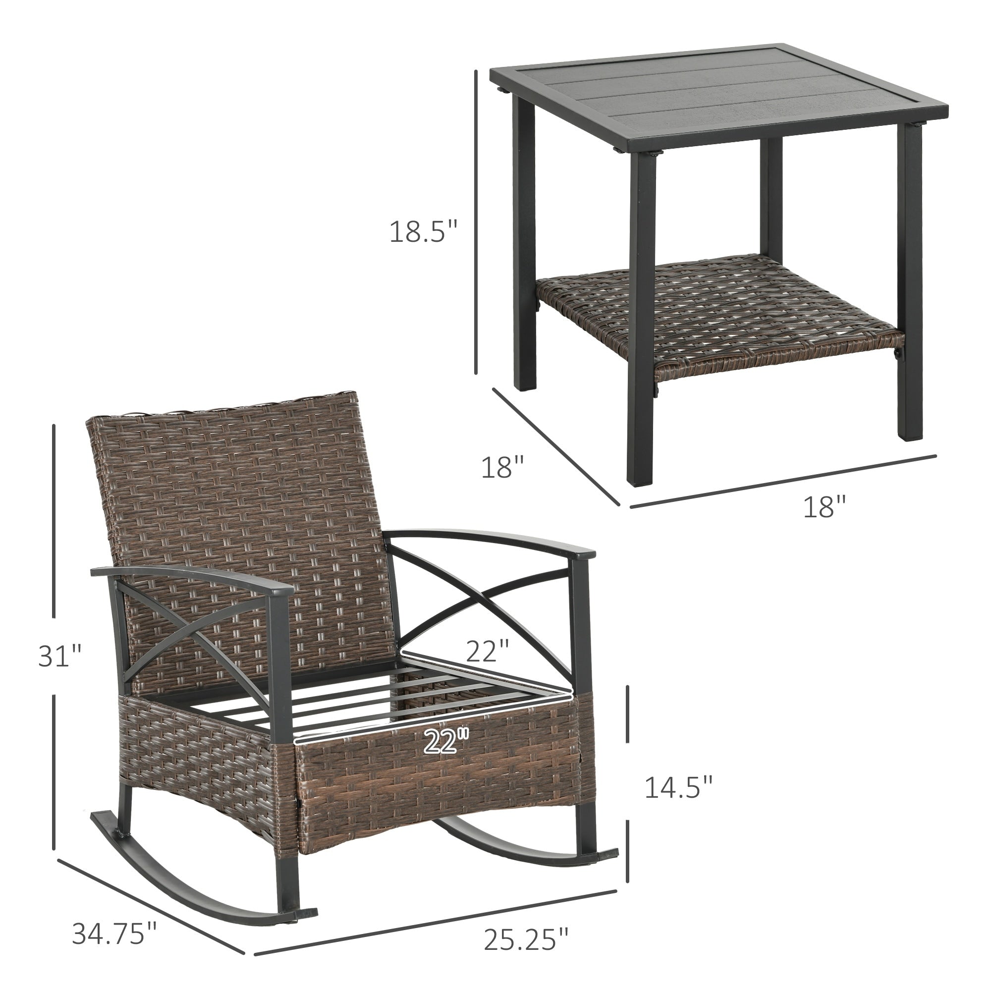 Ensemble de patio Outsunny 3 pièces avec chaises à bascule, ensemble bistrot d'extérieur en osier avec 2 chaises à bascule, table basse à 2 niveaux et coussins