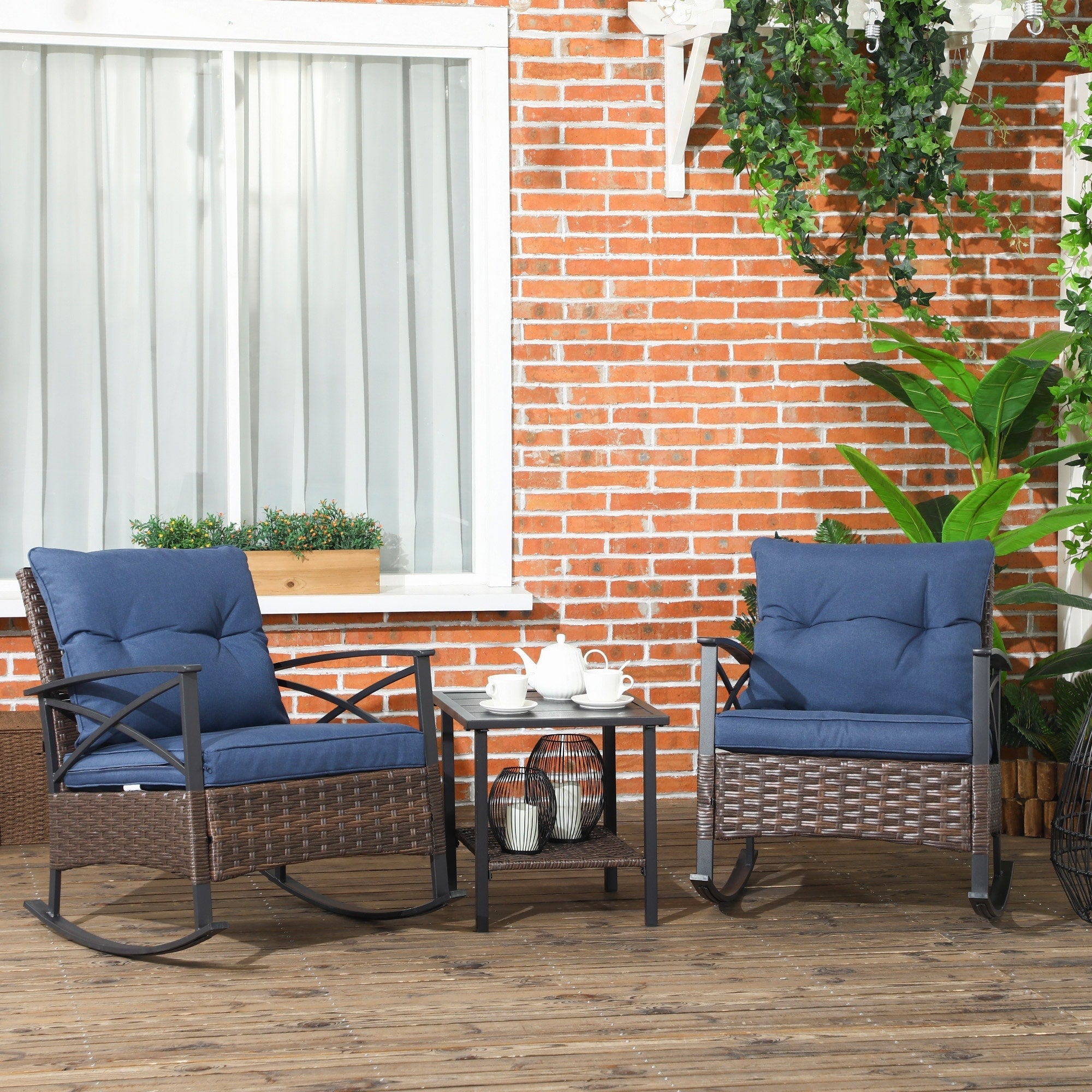 Ensemble de patio Outsunny 3 pièces avec chaises à bascule, ensemble bistrot d'extérieur en osier avec 2 chaises à bascule, table basse à 2 niveaux et coussins