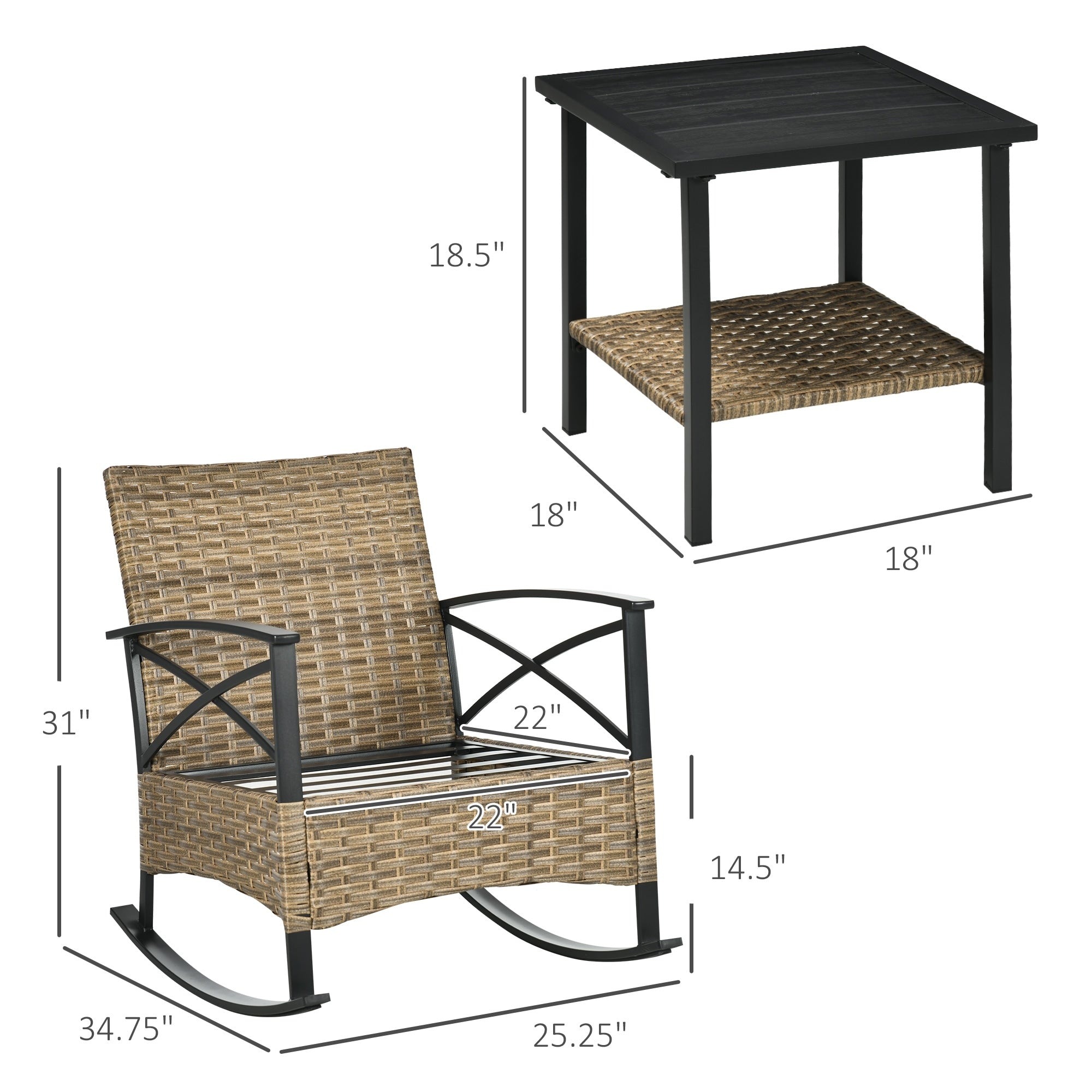 Outsunny Ensemble bistrot à bascule 3 pièces en osier, mobilier de jardin avec deux chaises à bascule pour porche - N/A