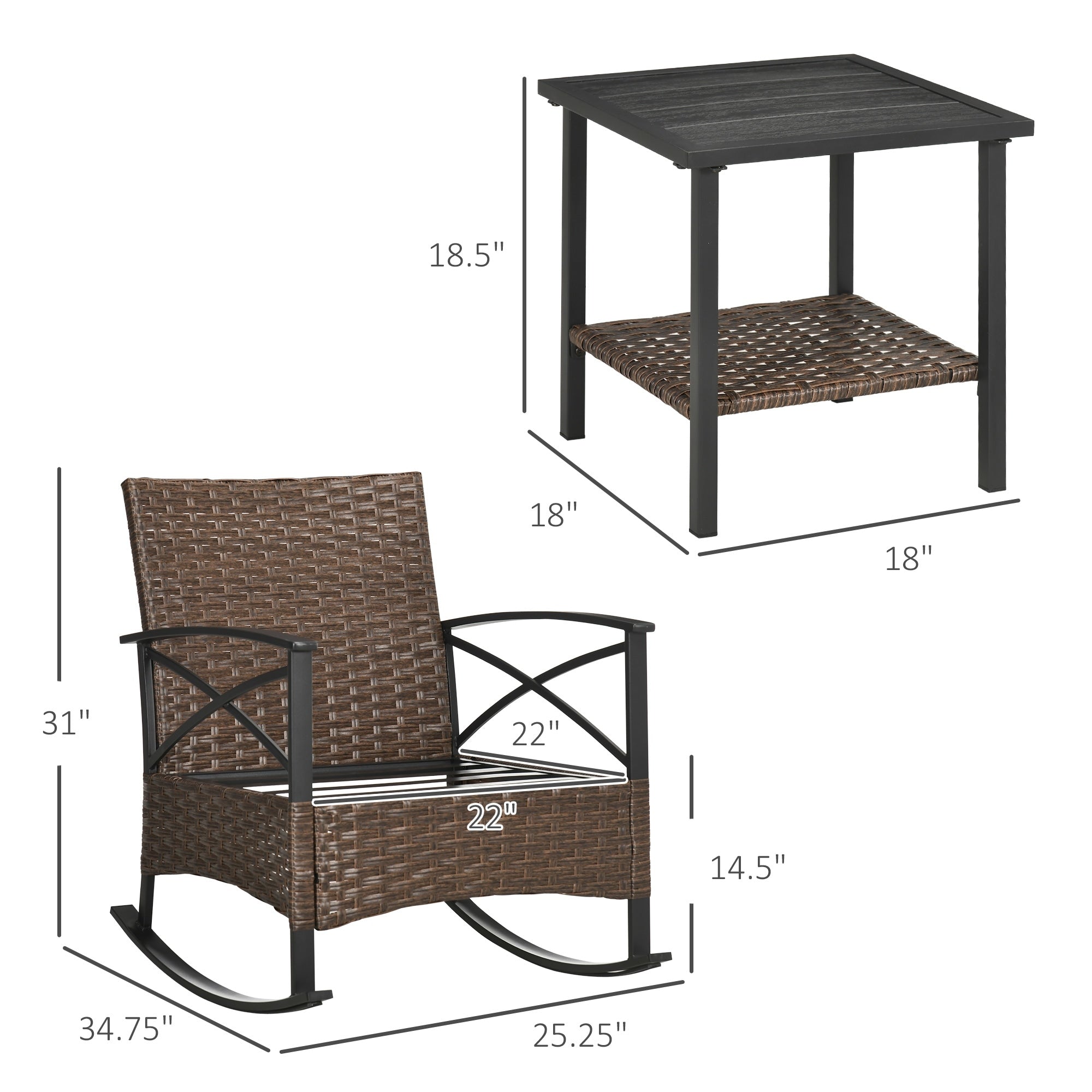 Outsunny Ensemble bistrot à bascule 3 pièces en osier, mobilier de jardin avec deux chaises à bascule pour porche - N/A