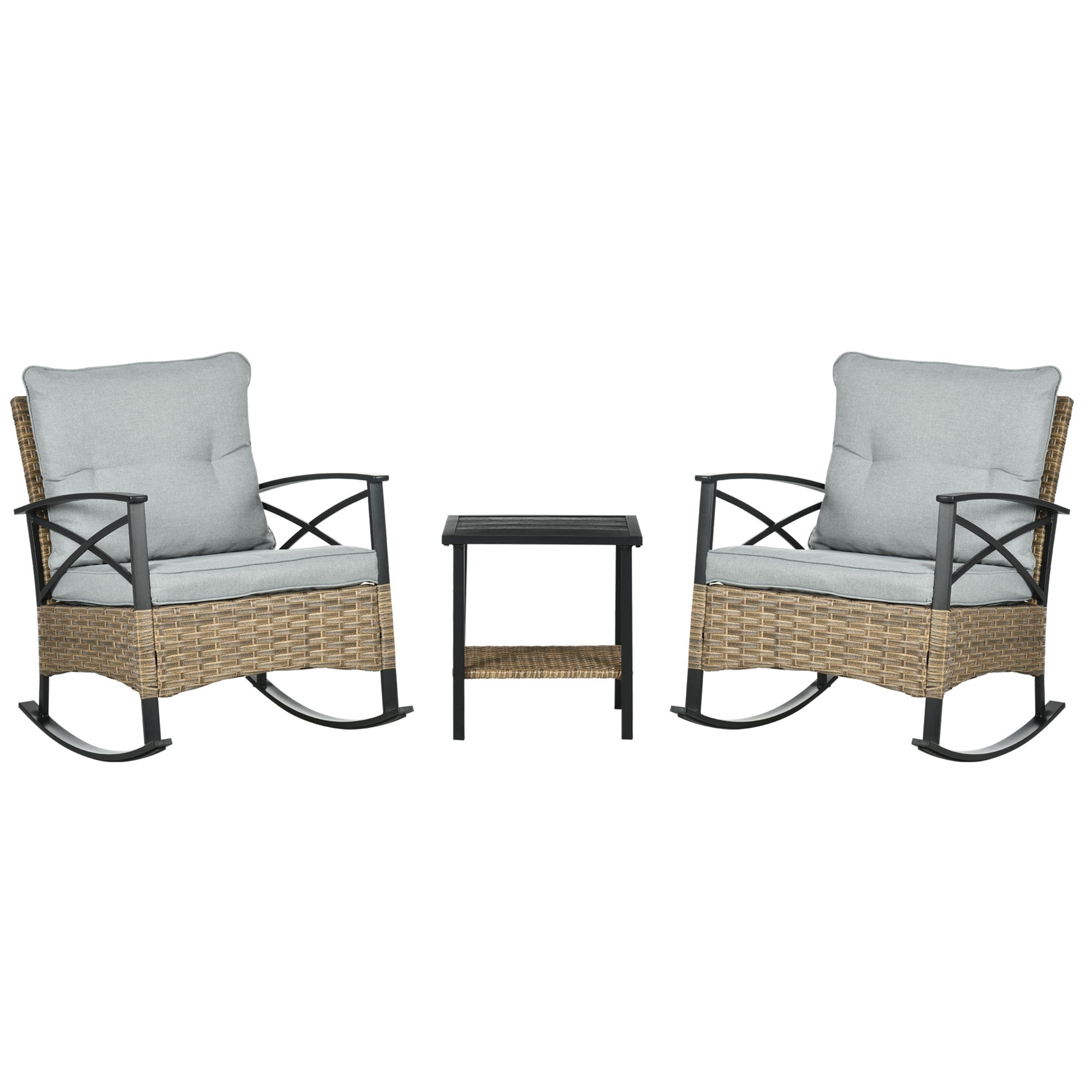 Outsunny Ensemble bistrot à bascule 3 pièces en osier, mobilier de jardin avec deux chaises à bascule pour porche - N/A
