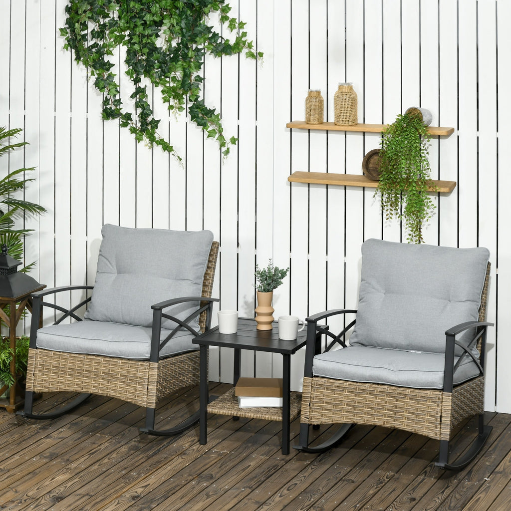 Outsunny Ensemble bistrot à bascule 3 pièces en osier, mobilier de jardin avec deux chaises à bascule pour porche - N/A