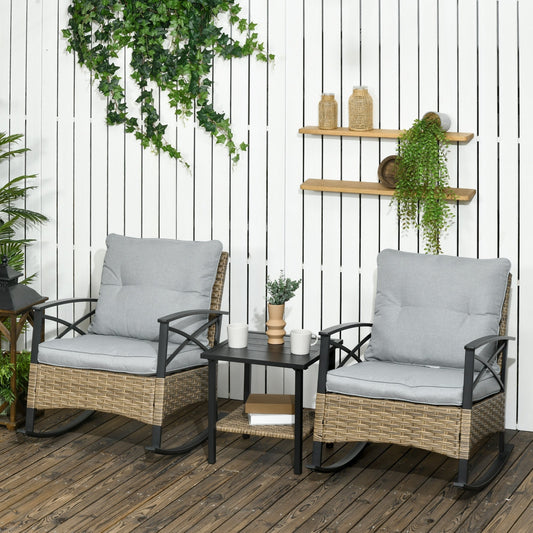Outsunny Ensemble bistrot à bascule 3 pièces en osier, mobilier de jardin avec deux chaises à bascule pour porche - N/A