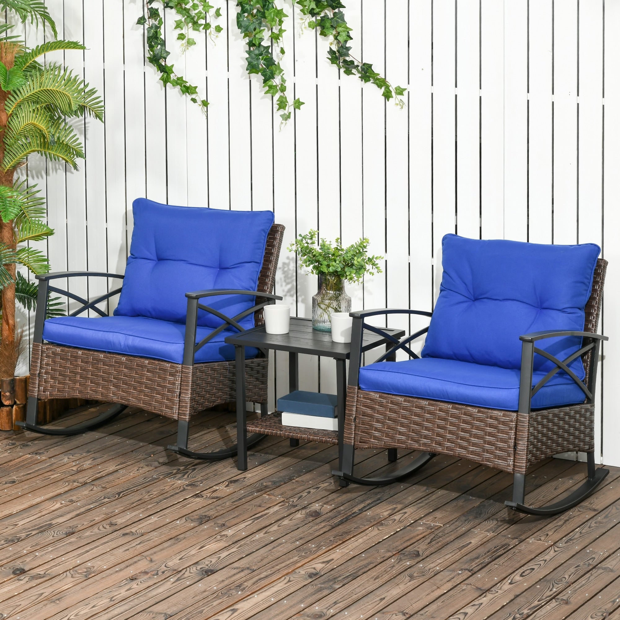 Outsunny Ensemble bistrot à bascule 3 pièces en osier, mobilier de jardin avec deux chaises à bascule pour porche - N/A