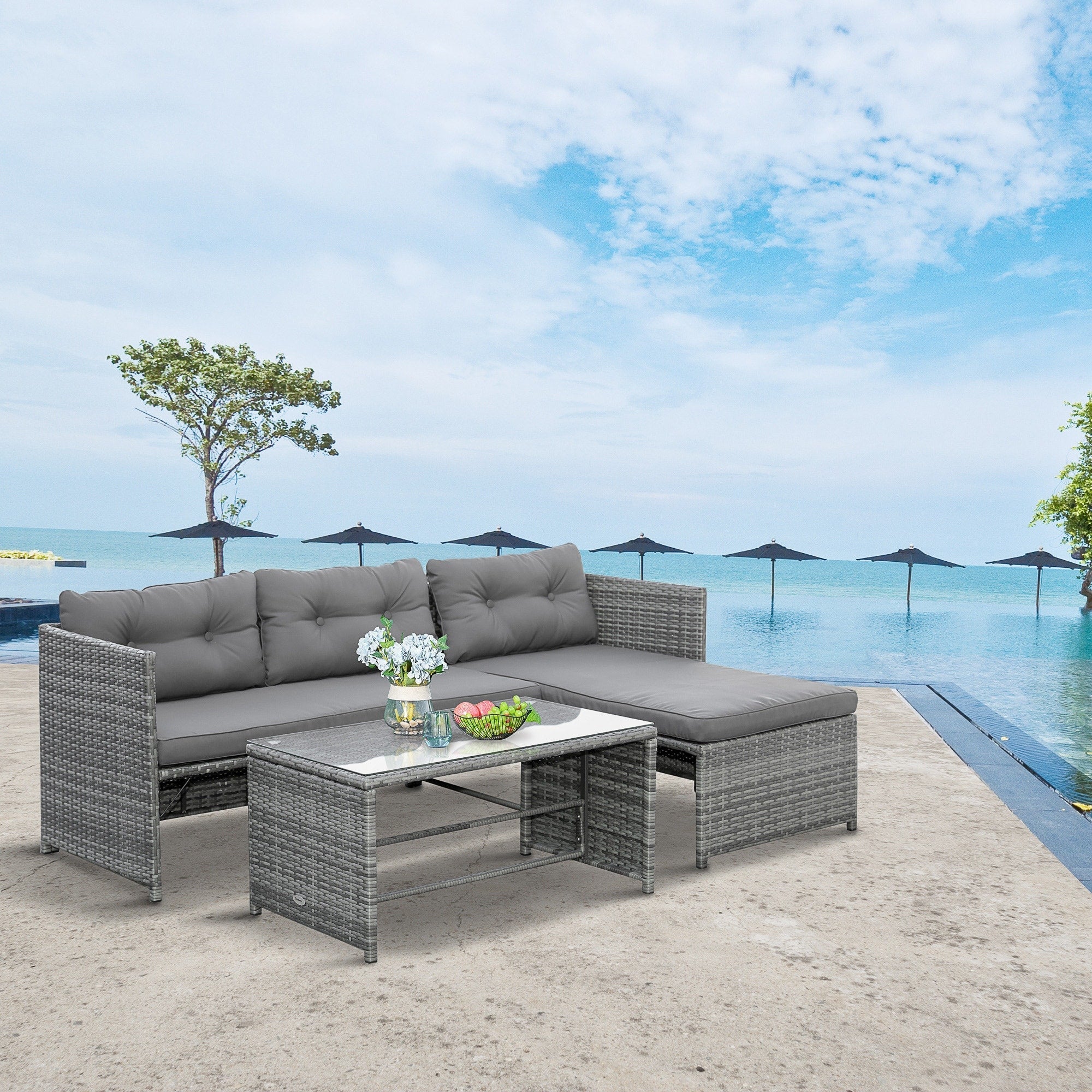 Ensemble de meubles de jardin Outsunny 3 pièces en osier, salon de jardin en rotin, canapé sectionnel avec chaise longue rembourrée