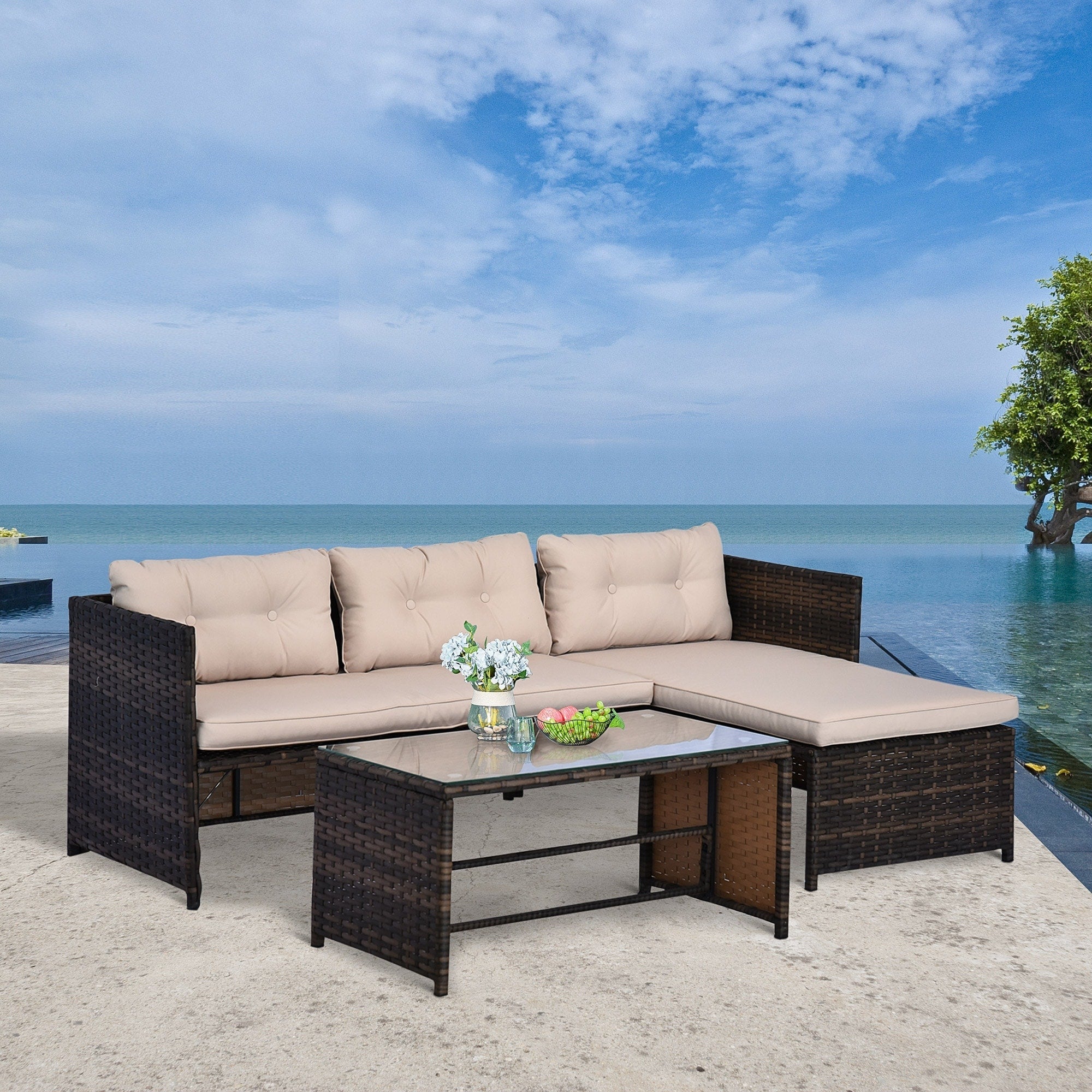 Ensemble de meubles de jardin Outsunny 3 pièces en osier, salon de jardin en rotin, canapé sectionnel avec chaise longue rembourrée